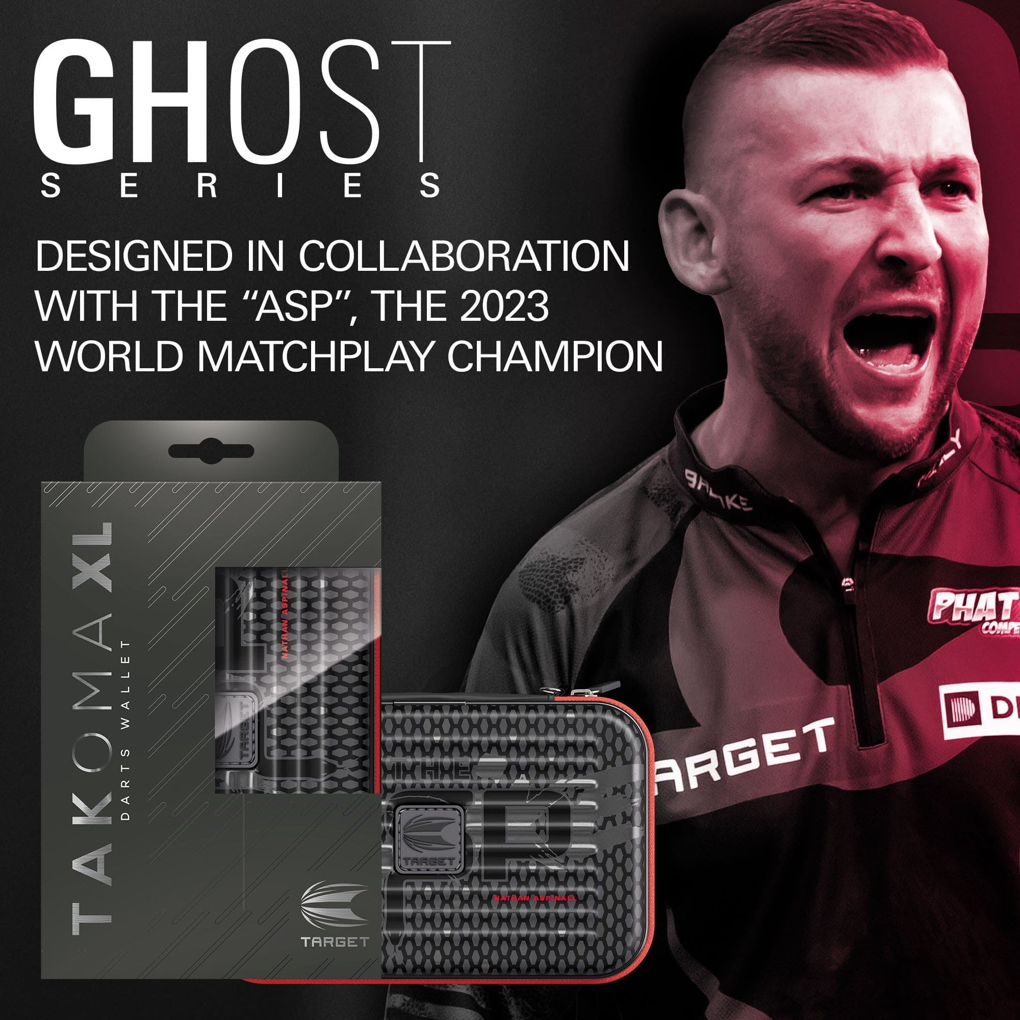 Etui na lotki Takoma XL Ghost Series Nathan Aspinall Takoma XL Ghost Series Nathan Aspinall Dartcase, fotografiert auf weißem Hintergrund. Das Produkt ist Teil der Ghost Series und richtet sich an Dartspieler.