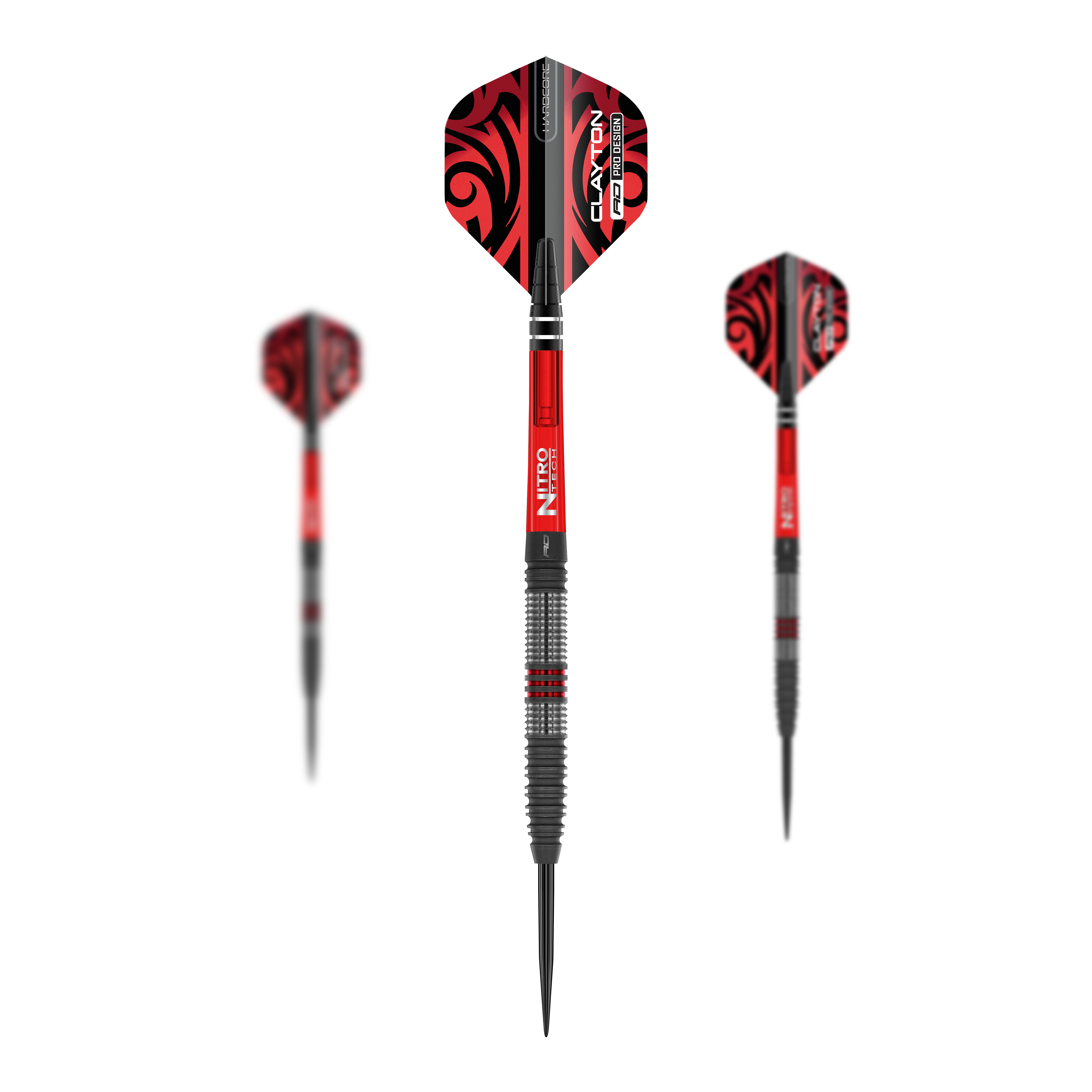 Stalowe strzałki Red Dragon Jonny Clayton Hiraeth Dieses Bild zeigt die Red Dragon Jonny Clayton Hiraeth Steeldarts. Die Darts haben ein auffälliges rotes und schwarzes Design mit strukturiertem Griff.
