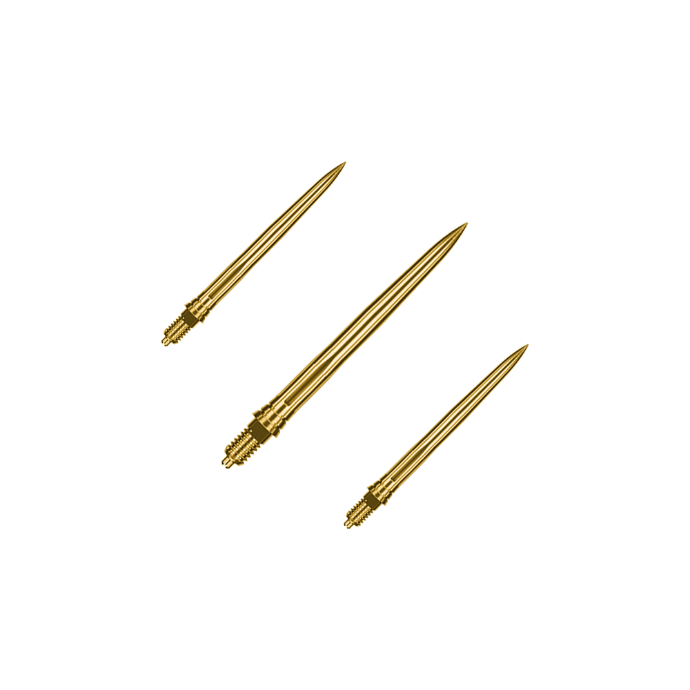 Dieses Bild zeigt ein Set goldener Dartspitzen mit glatter Oberfläche, vermutlich 28mm lang. Die Spitzen sind von der Marke Caliburn EZ-EVO.