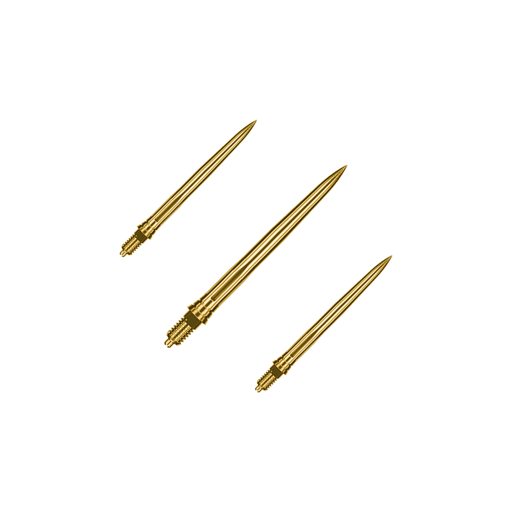 Końcówki do lotek Caliburn EZ-EVO - gładkie - złote Dieses Bild zeigt ein Set goldener Dartspitzen mit glatter Oberfläche, vermutlich 28mm lang. Die Spitzen sind von der Marke Caliburn EZ-EVO.
