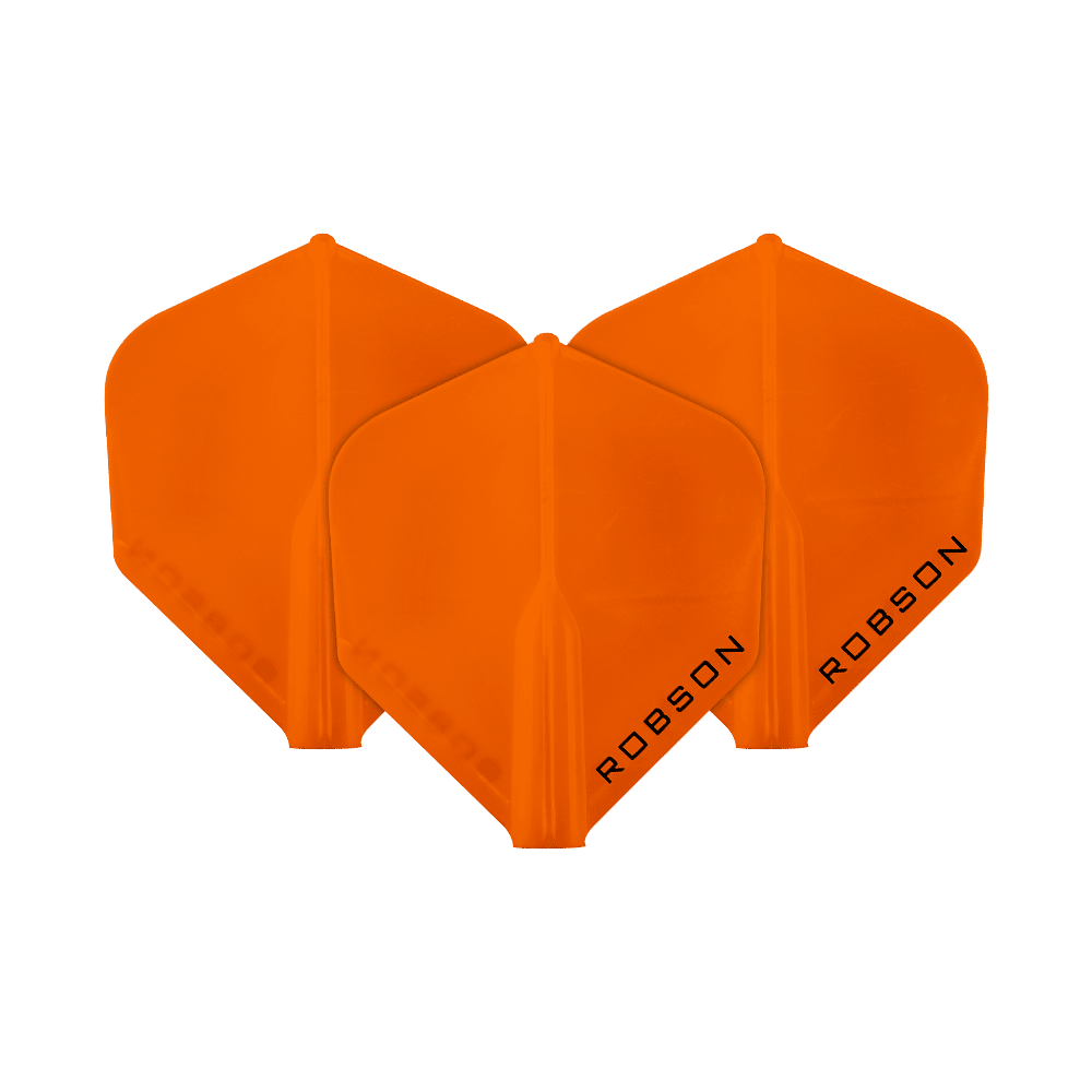 Loty Robson Plus — standardowe Das Bild zeigt drei orangefarbene Dartflights. Auf jedem Flight steht das Wort "ROBSON" geschrieben.