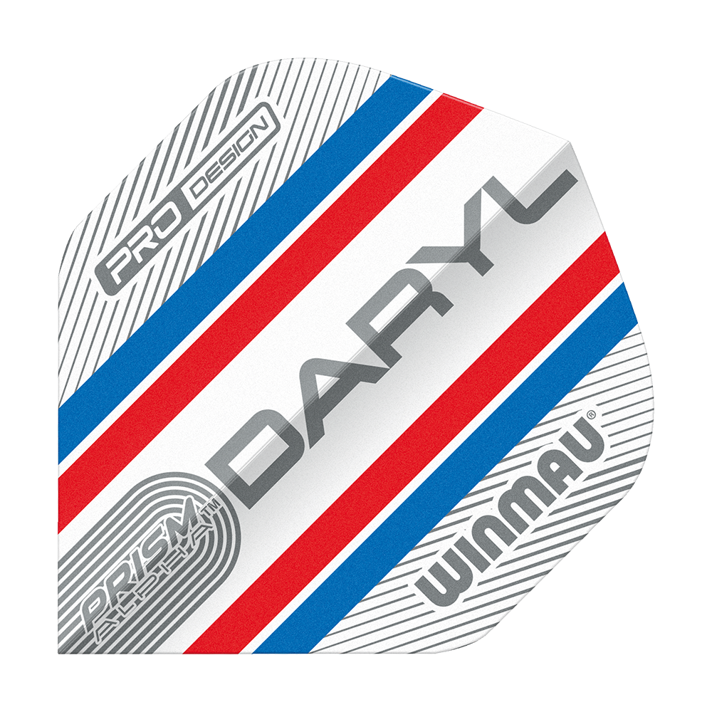 Das Bild zeigt ein Dart-Flight im Standard-Design mit den Farben Blau, Rot und Weiß. Auf dem Flight stehen die Wörter "DARYL", "WINMAU", "PRISM ALPHA" und "PRO DESIGN".