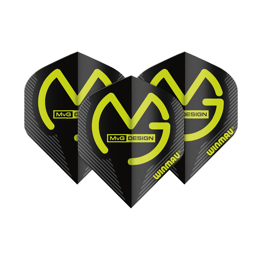 Das Bild zeigt drei schwarze Dart-Flights mit gelbem "MvG DESIGN" Logo und "Winmau"-Schriftzug. Die Flights sind im Standard-Format gestaltet.