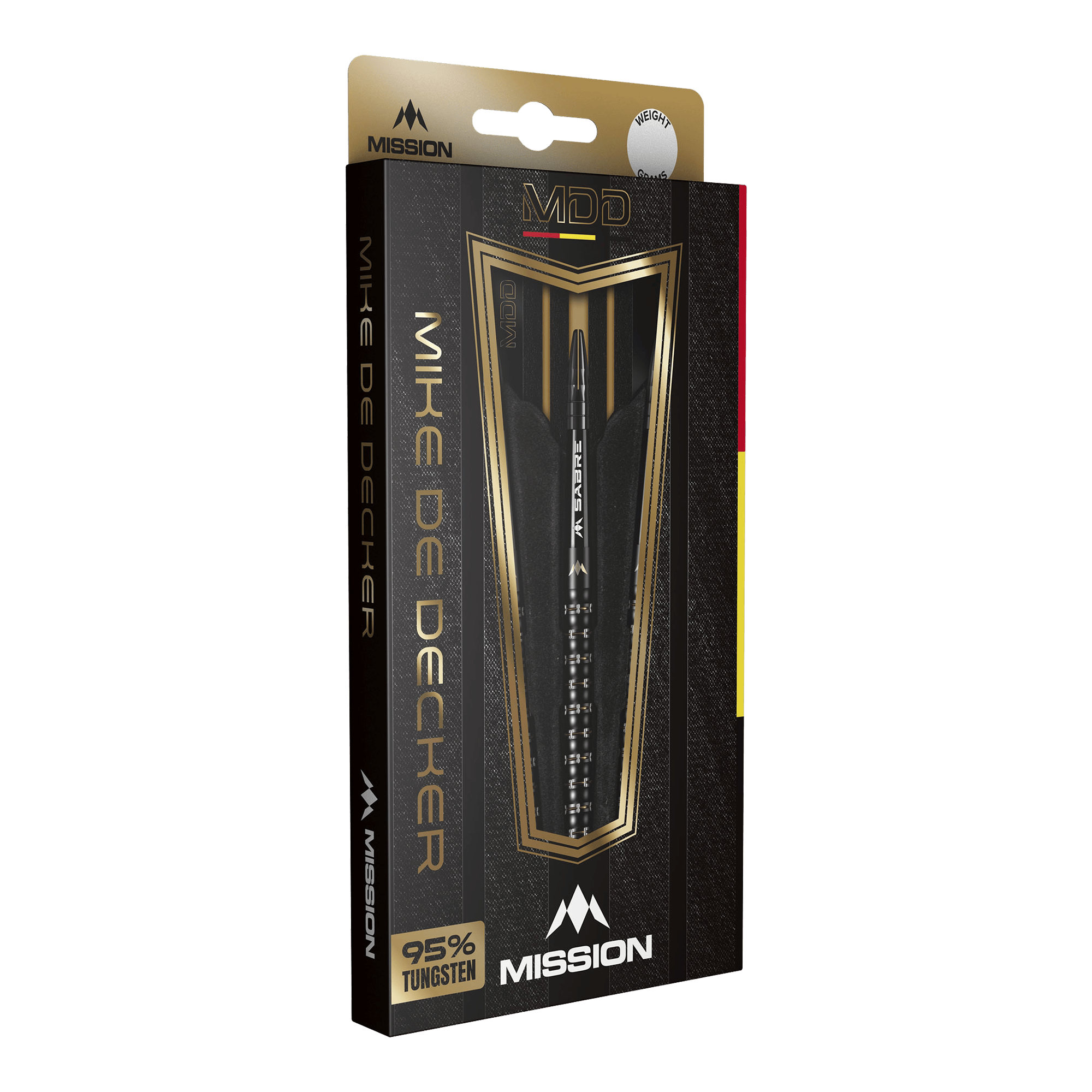 Die Verpackung zeigt die Mission Mike De Decker MDD Black Gold Steeldarts. Auf der Vorderseite steht, dass die Darts zu 95% aus Tungsten bestehen.