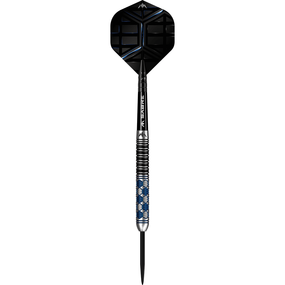 M001310_Mission_Hexon_Steeldarts_19FHCFPeqHnM7l Das Bild zeigt einen Mission Hexon Steeldart mit einem Gewicht von 23g. Der Dart hat ein modernes Design mit schwarzen und blauen Akzenten.