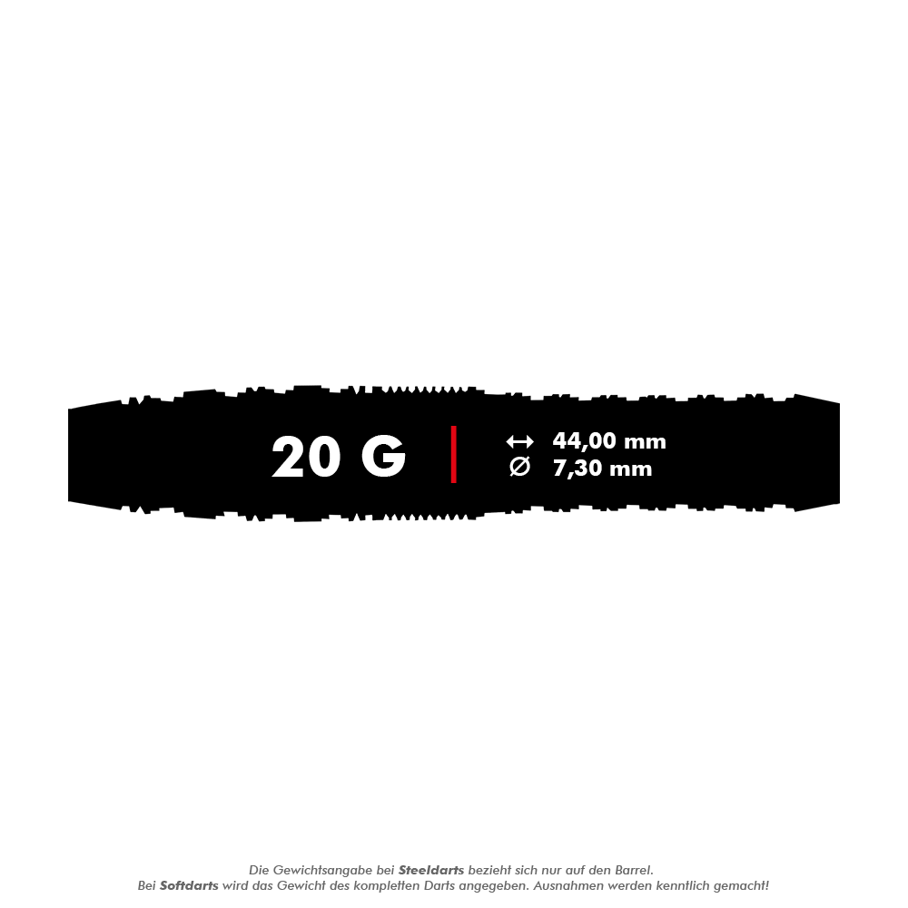 Shoty Redline Gizmo Soft Darts - 20g Das Bild zeigt die Produktinformationen für die Shot Redline Gizmo Softdarts mit einem Gewicht von 20 Gramm. Die Darts sind 44,00 mm lang und haben einen Durchmesser von 7,30 mm.