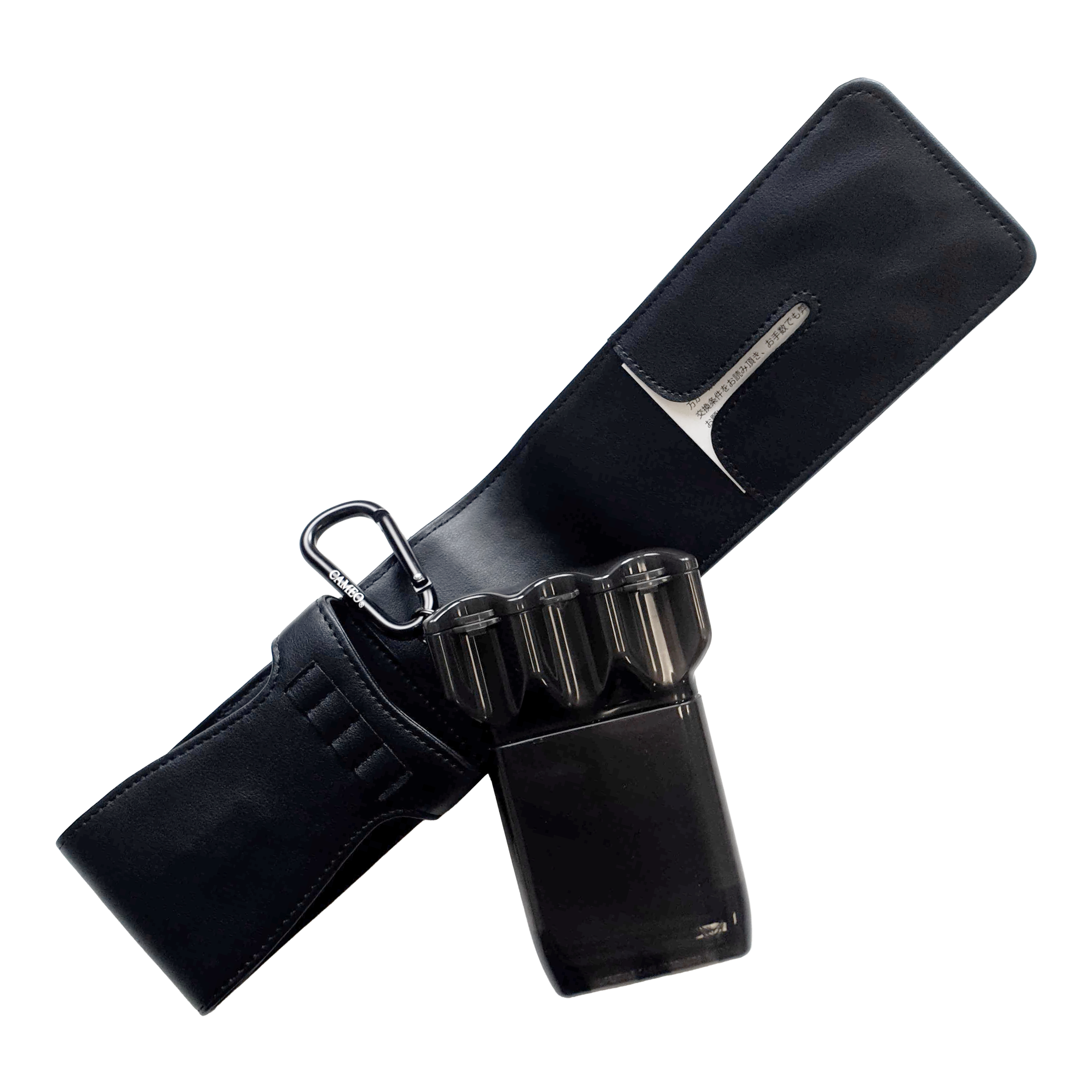 Etui na strzałki Cameo Thread Das Bild zeigt ein schwarzes Dart-Etui mit einem Kunststoff-Behälter und Karabiner. Das Etui ist offen dargestellt, sodass das Innere sichtbar ist.