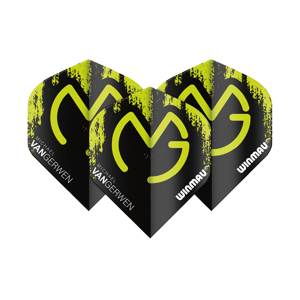 6900-234_Winmau_Mega_MvG_Green_Black_Standard_Flights_1y2NWSWIvwJmBx Das Bild zeigt die Winmau Mega MvG Green Black Standard Flights für Darts. Sie sind schwarz mit grünen Akzenten und tragen die Aufschrift "Michael van Gerwen" sowie "WINMAU".
