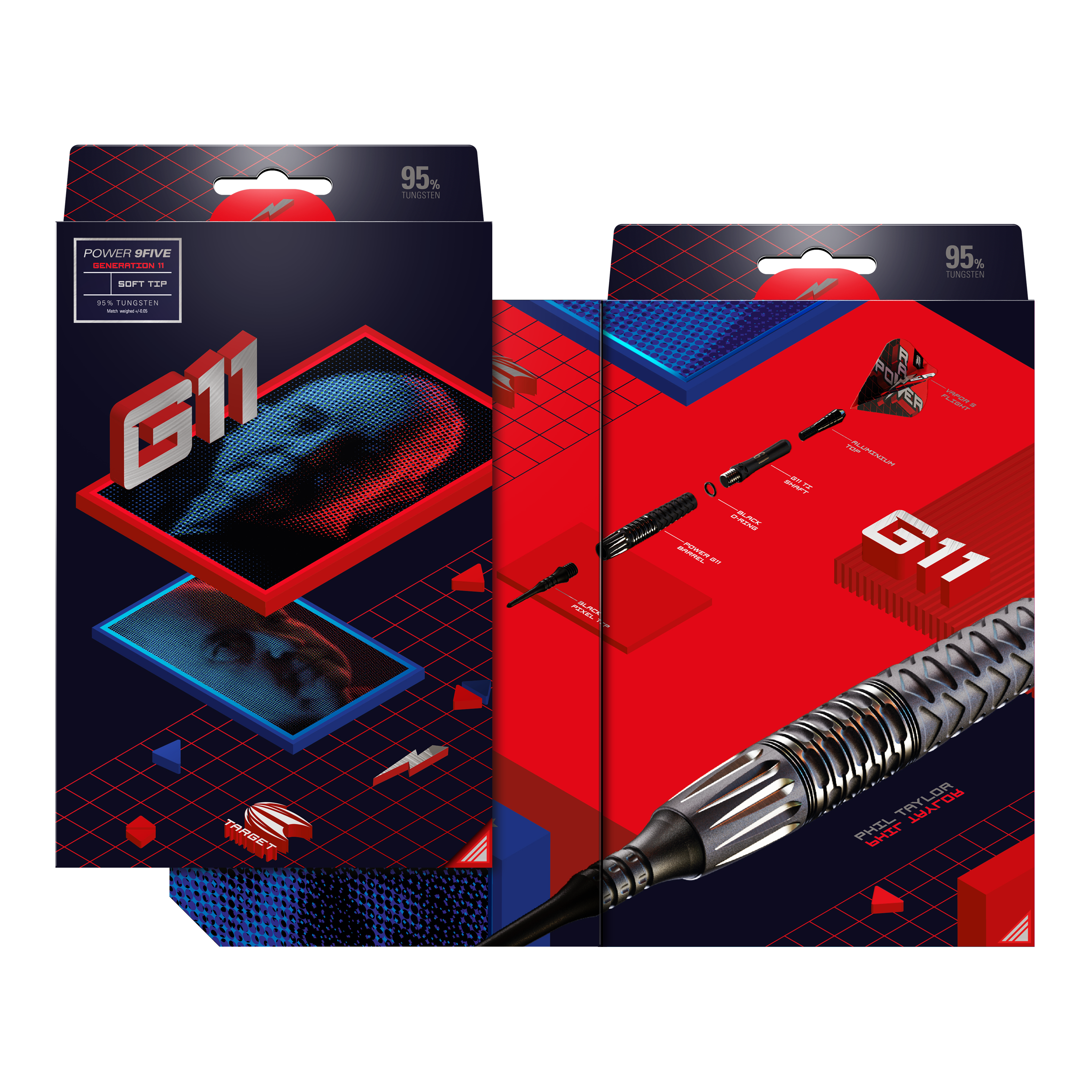 Die Verpackung zeigt moderne Grafiken und den Schriftzug "G11" in großen Buchstaben. Auf der Rückseite ist ein Softdart mit seinen einzelnen Komponenten abgebildet.