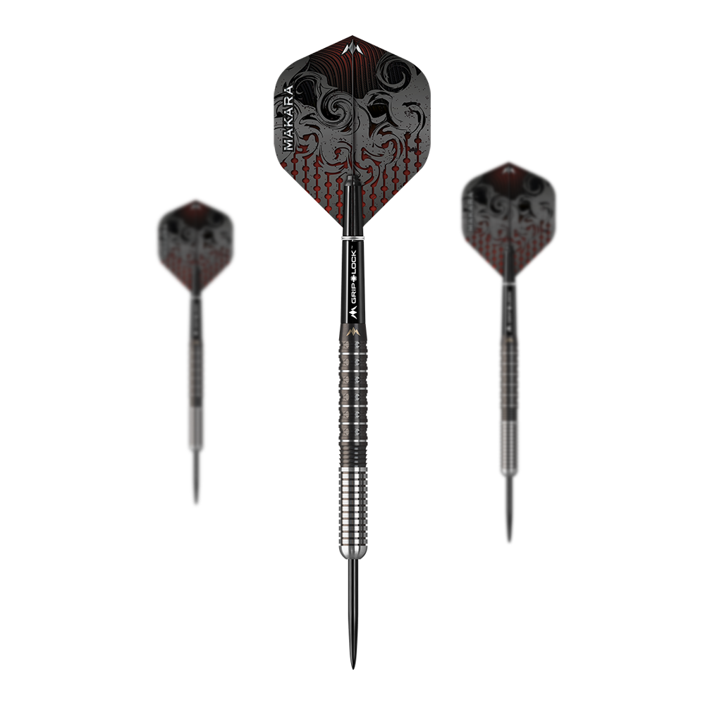 Das Bild zeigt drei Steeldarts des Produkts "Mission Makara M1". Die Dartpfeile haben ein silber-schwarzes Design mit auffälligen, gemusterten Flights.