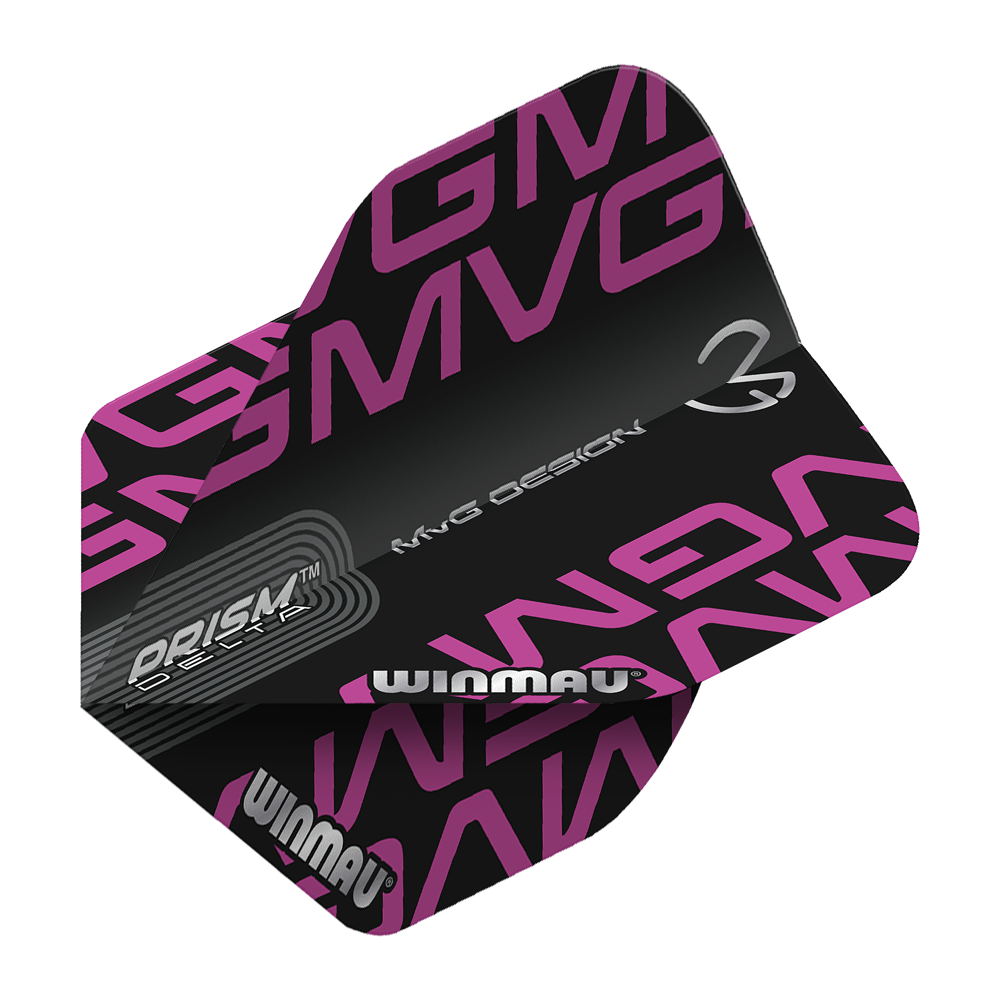 Dies ist ein Dart-Flight der Marke Winmau, Modell „Prism Delta MvG BlackPurple Logo Standard“. Das Design ist schwarz mit lila „MVG“-Schriftzügen und silbernen Logos.