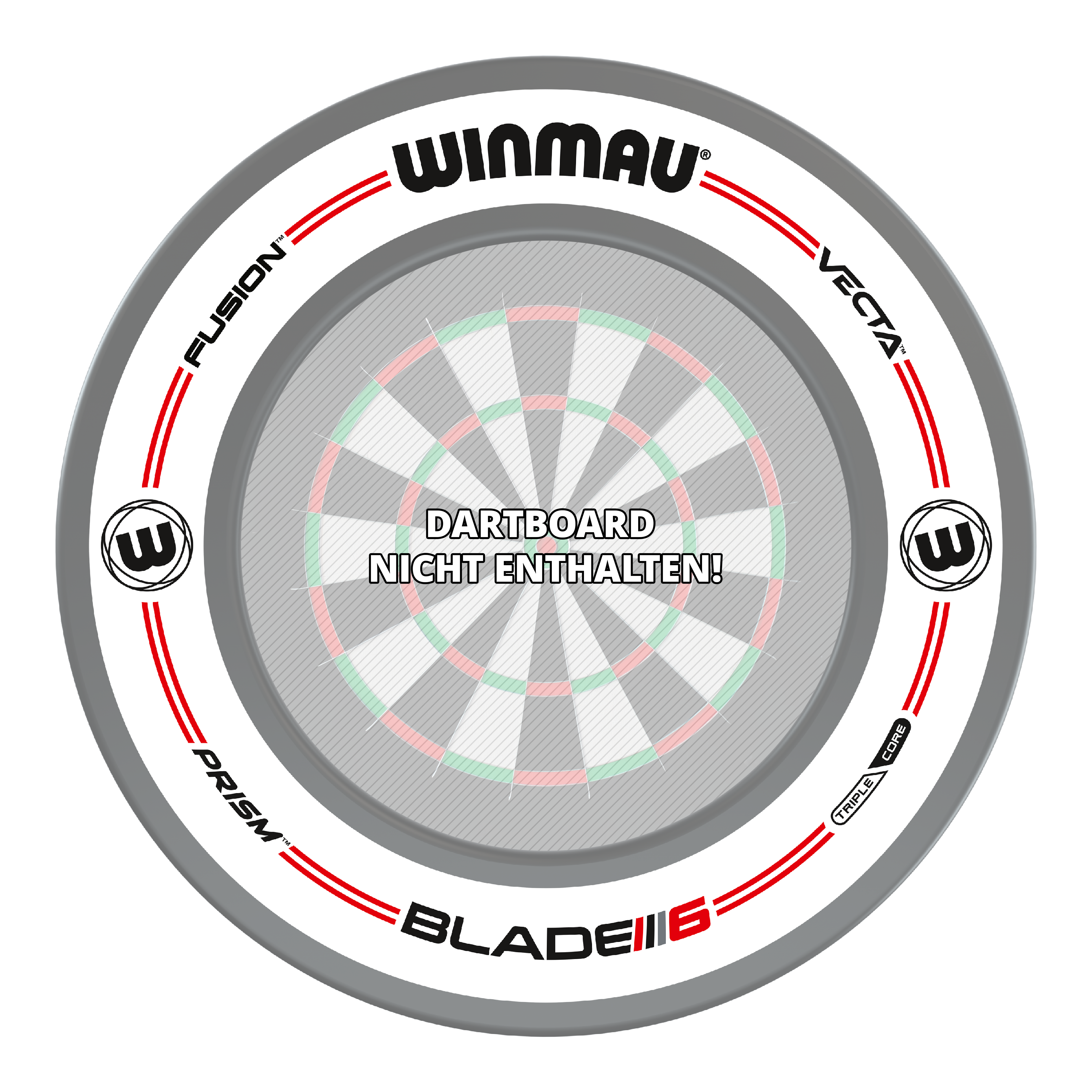 Oryginalna biała obudowa tarczy do darta Winmau Pro-Line Das Bild zeigt das Winmau Pro-Line Original White Dartboard Surround. In der Mitte steht der Hinweis: "Dartboard nicht enthalten!"