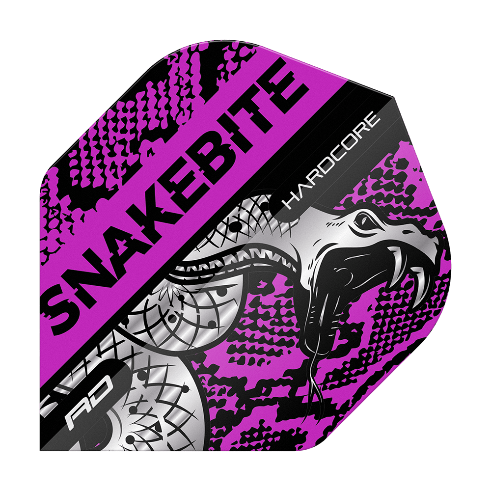 TF6566_Red_Dragon_Hardcore_Snakebite_Coiled_Snake_Purple_Standard_Flights_1z3BPmg7UKG0zS Dieses Bild zeigt ein Dart-Flight mit dem Namen "Red Dragon Hardcore Snakebite Coiled Snake Purple Standard Flights". Das Design ist lila, schwarz und silbern mit einer auffälligen Schlange und der Aufschrift "SNAKEBITE" und "HARDCORE".