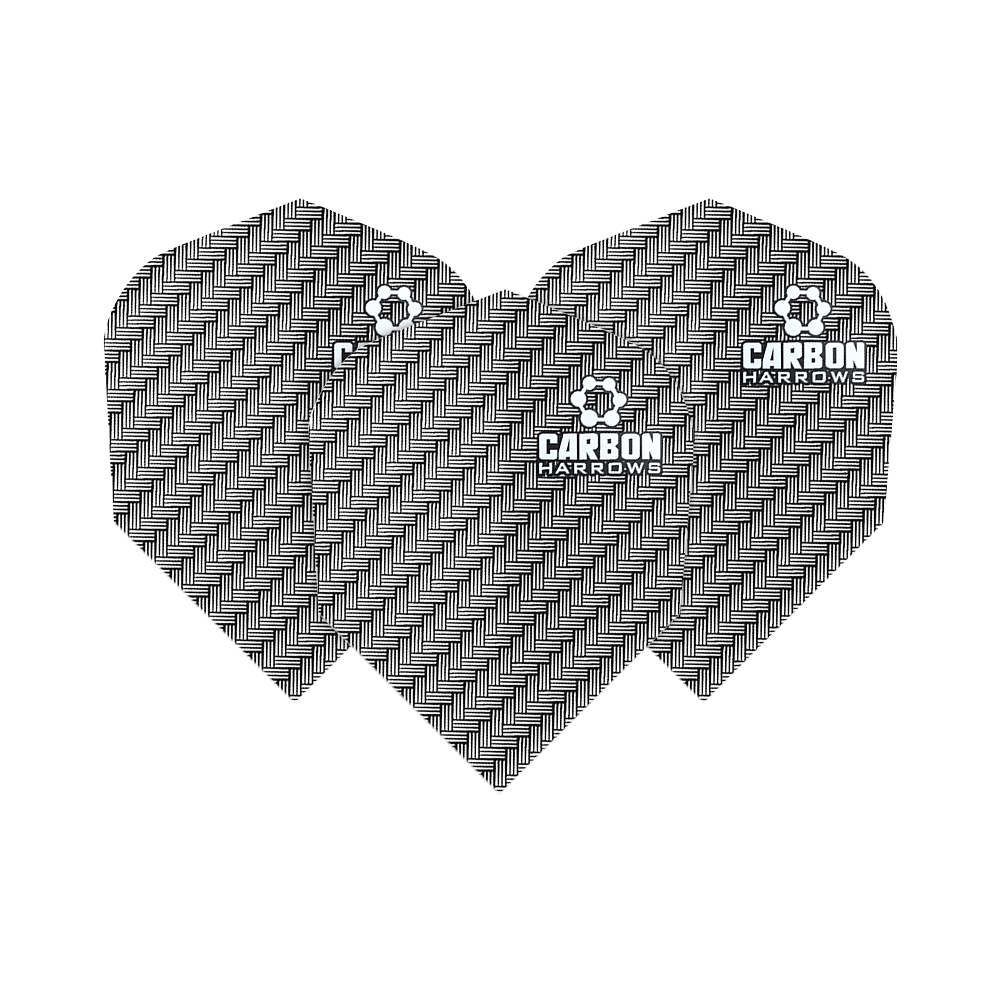 HR53_Harows_Carbon_No6_Flights_Weiss_1Av4KhCswcCxG3 Das Bild zeigt drei Harrows Carbon Flights HR53 für Darts. Sie haben ein schwarzes Muster mit weißem Logo und Schriftzug.