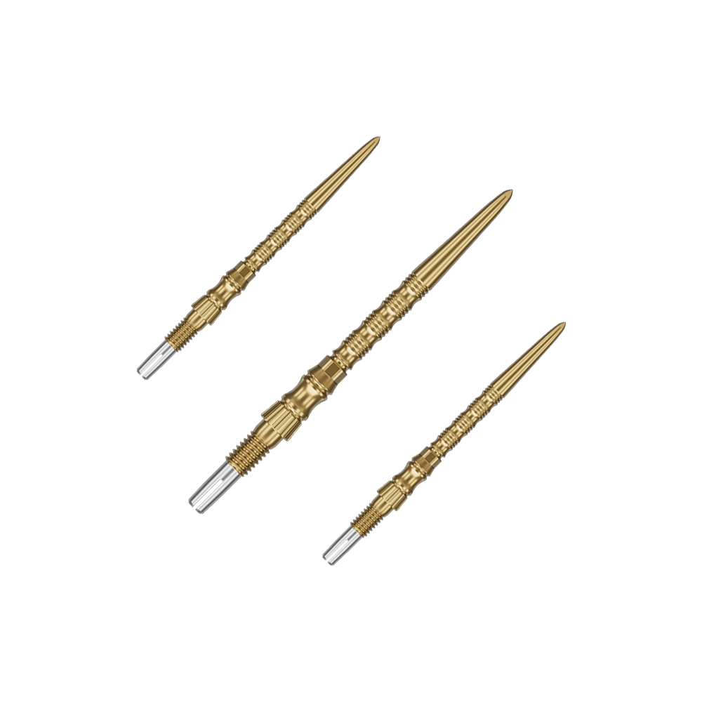 Ein Set von Target SwissPoint Signature TRB Dartspitzen in Gold mit 30mm Länge ist zu sehen. Die Dartspitzen sind ordentlich angeordnet.