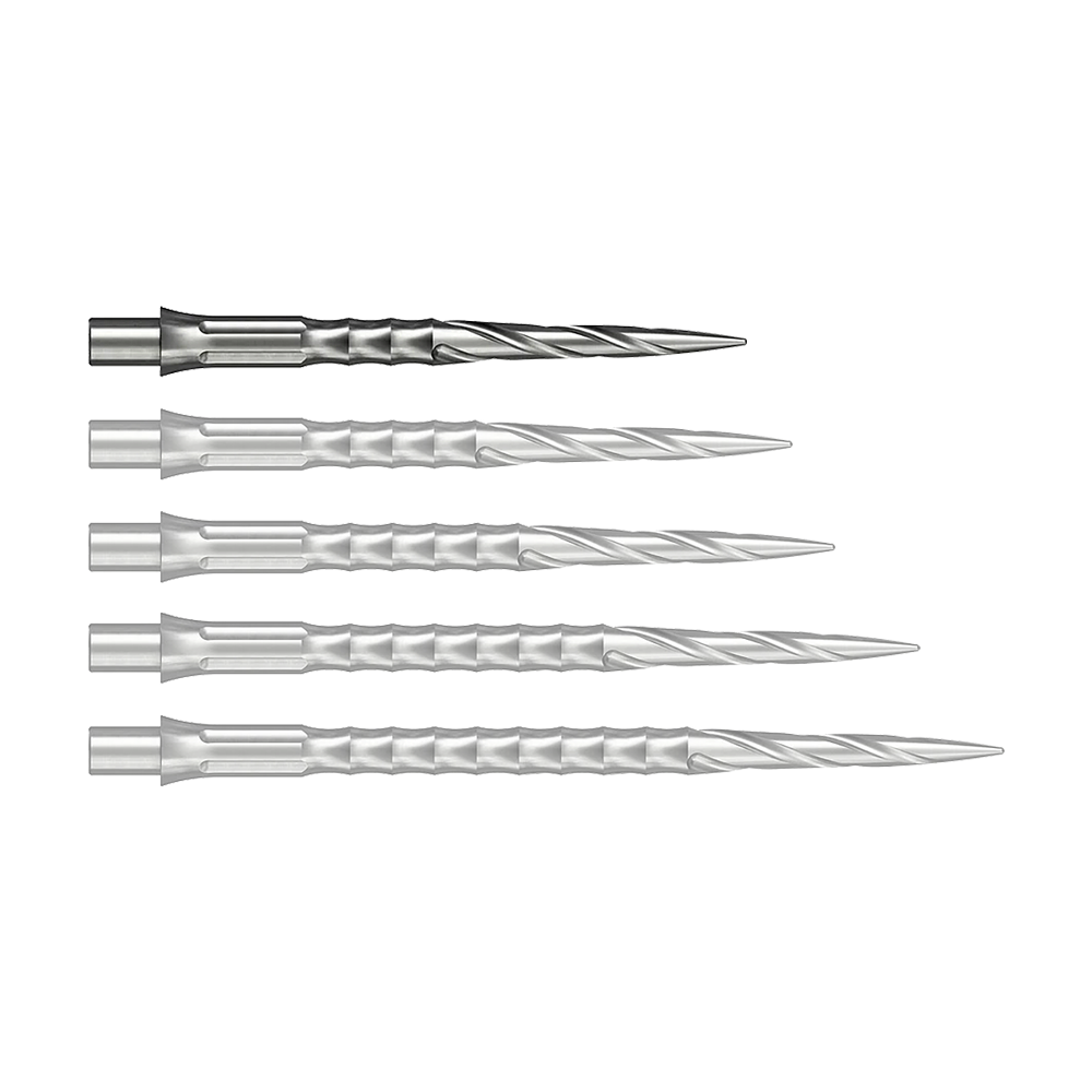 Groty do lotek Mission Caliburn EVO System ze stali - Spiro - NoLip - srebrne Das Bild zeigt wahrscheinlich eine 28 mm lange Steeldartspitze aus Silber. Die Spitze ist Teil des Caliburn Evo Systems und trägt die Bezeichnung Spiro NoLip.