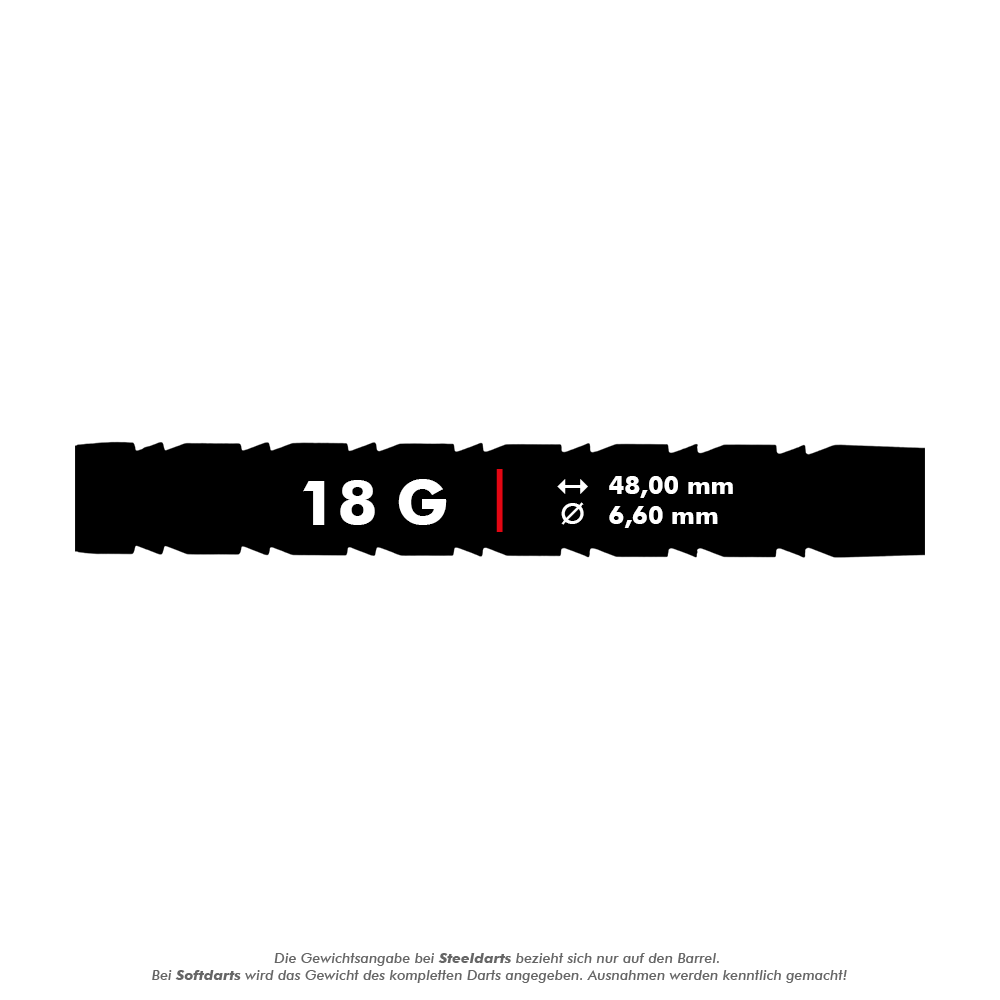 RD1571_Red_Dragon_Peter_Wright_Snakebite_1_Rainbow_Softdarts_5_18g Das Bild zeigt die Produktspezifikationen der "Red Dragon Peter Wright Snakebite 1 Rainbow Softdarts" mit 18 Gramm Gewicht. Die Länge beträgt 48,00 mm und der Durchmesser 6,60 mm.