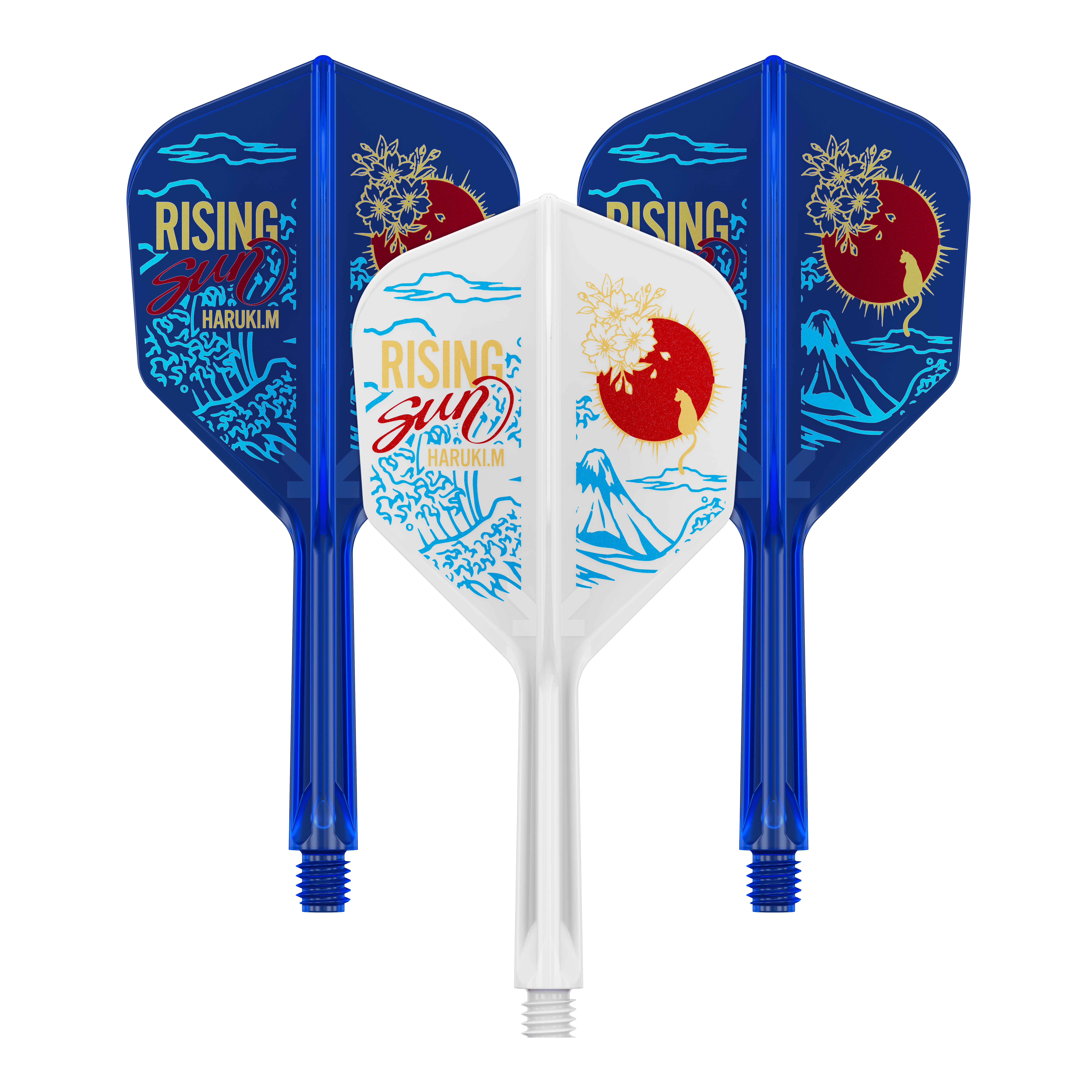 Das Bild zeigt drei Dartflights aus der "Target Japan K-Flex Haruki Muramatsu Rising Sun No6 Flight-Shaft-System"-Serie. Zwei sind blau und einer ist weiß, alle mit einem stilisierten Sonnen- und Landschaftsmotiv bedruckt.