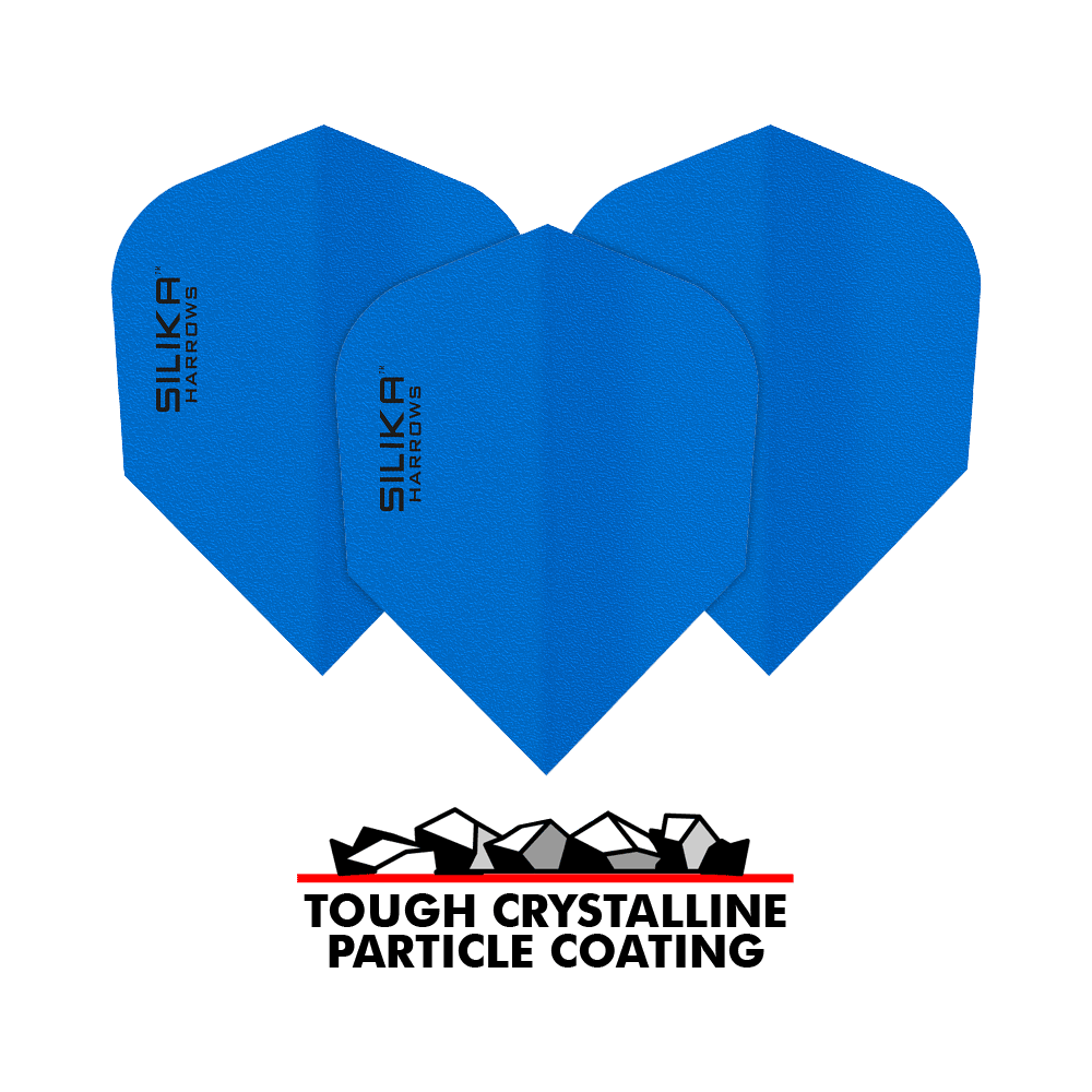 Powłoka krystaliczna Harrows Silica Solid Tough Blue No6 Flights Das Bild zeigt blaue Dart-Flights der Marke Harrows Silika mit einer soliden, kristallinen Beschichtung. Unten im Bild steht "Tough Crystalline Particle Coating" mit einer grafischen Darstellung von Kristallen.