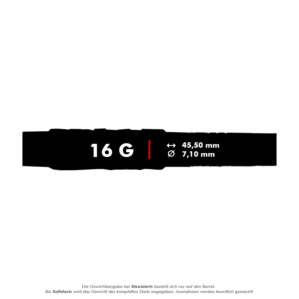 Lotki miękkie McDart 85 Tungsten V4 - 16g Das Bild zeigt die Produktinformationen der McDart 85er Tungsten V4 Softdarts mit einem Gewicht von 16 Gramm. Die Darts sind 45,50 mm lang und haben einen Durchmesser von 7,10 mm.