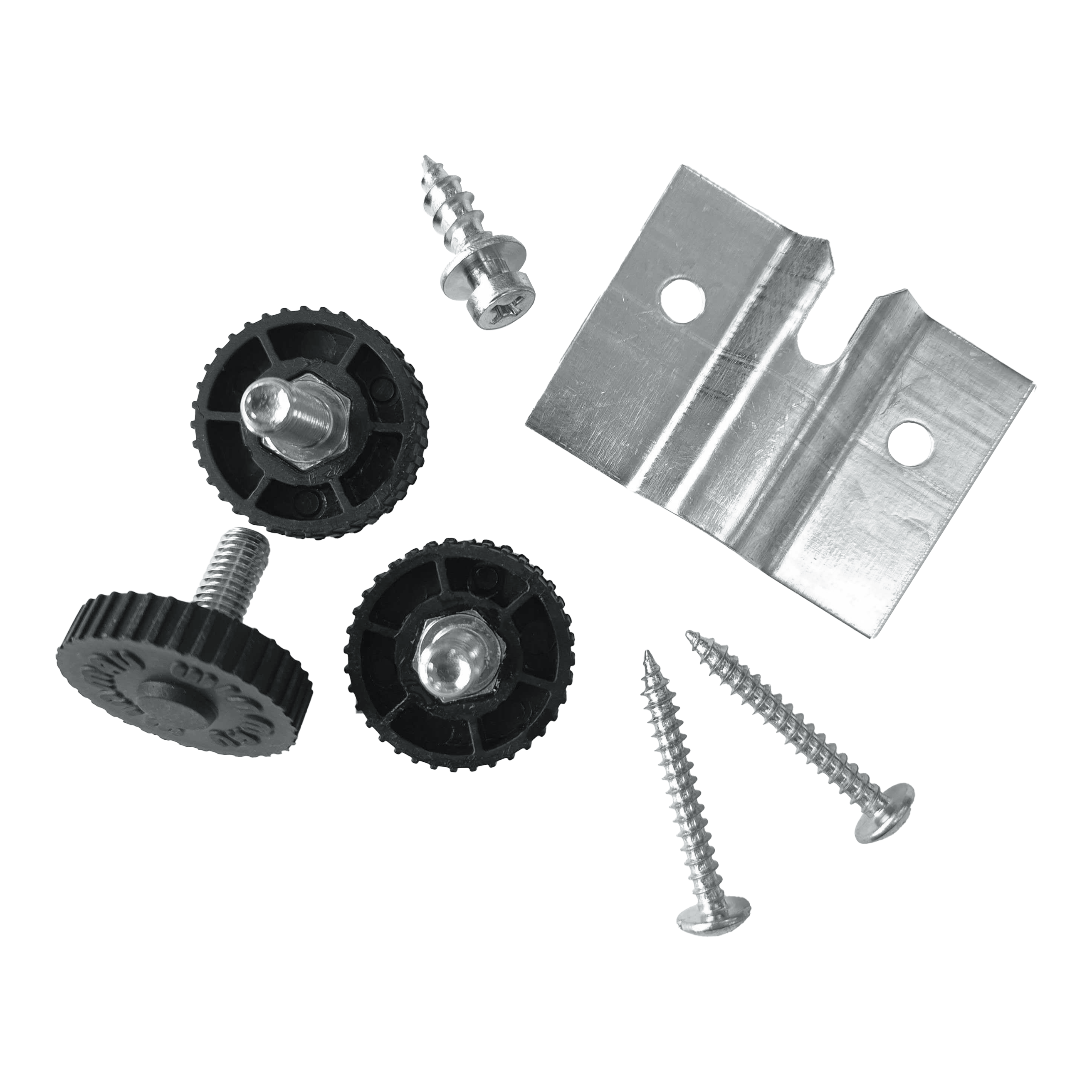 Uchwyt ścienny Winmau Rota-Lock Blade 6 Das Bild zeigt das Winmau Rota-Lock Blade 6 Wandhalterungs-Set mit Schrauben, Kunststoffrädern und einer Metallhalterung. Es sind alle benötigten Teile zur Befestigung eines Dartboards an der Wand abgebildet.