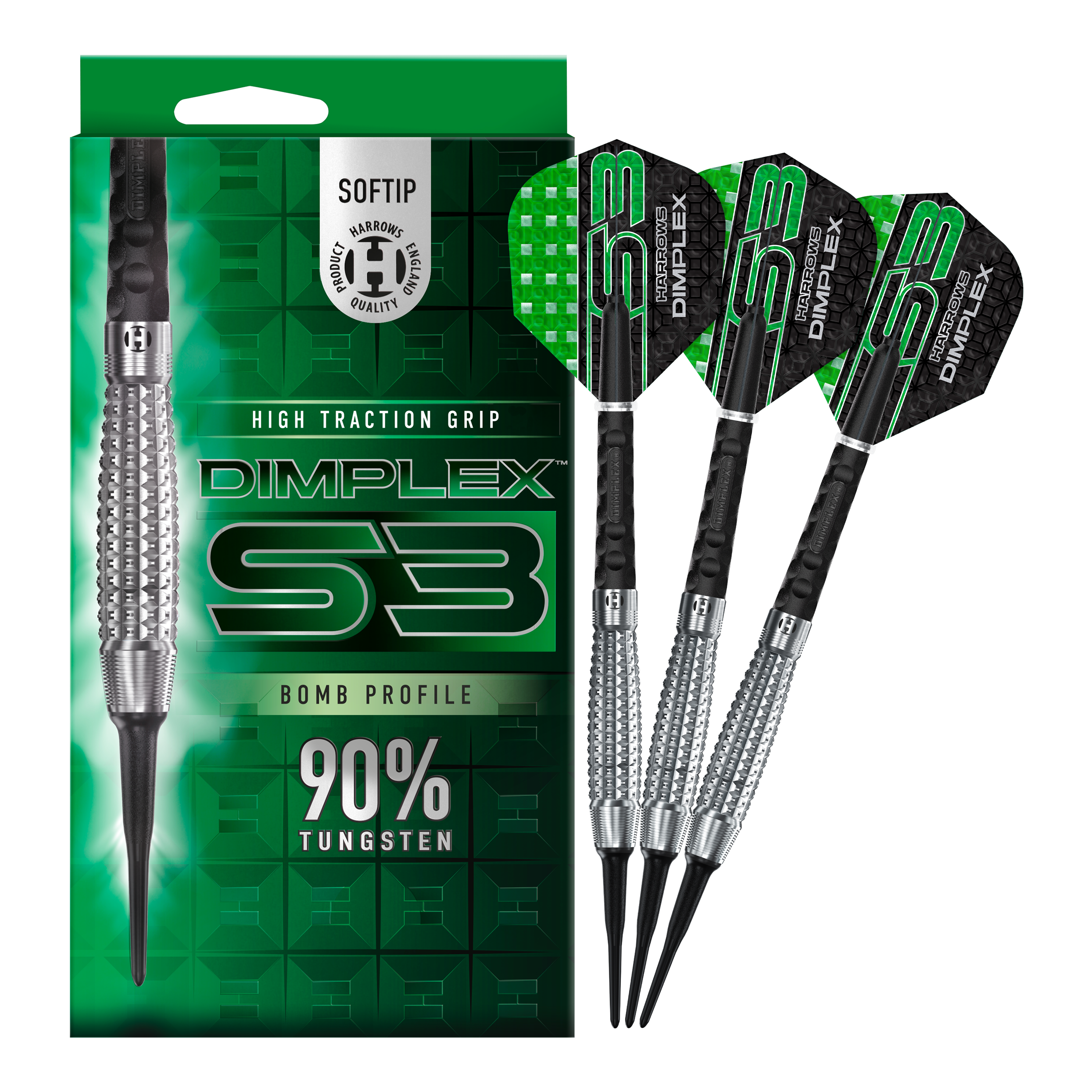 Miękkie lotki Harrows Dimplex S3 Bomb Auf dem Bild sind die Harrows Dimplex S3 Bomb Softdarts und ihre Verpackung zu sehen. Die Darts haben einen hohen Grip und bestehen zu 90% aus Tungsten.