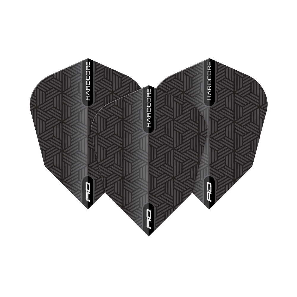 TF6849_Red_Dragon_Black_V-Standard_Flights_1z0kG28TQf5zlU Das Bild zeigt die Red Dragon Black V-Standard Flights mit einem geometrischen Muster. Die Flights sind hauptsächlich schwarz mit grauen Linien und tragen die Aufschrift "HARDCORE" und "RD".