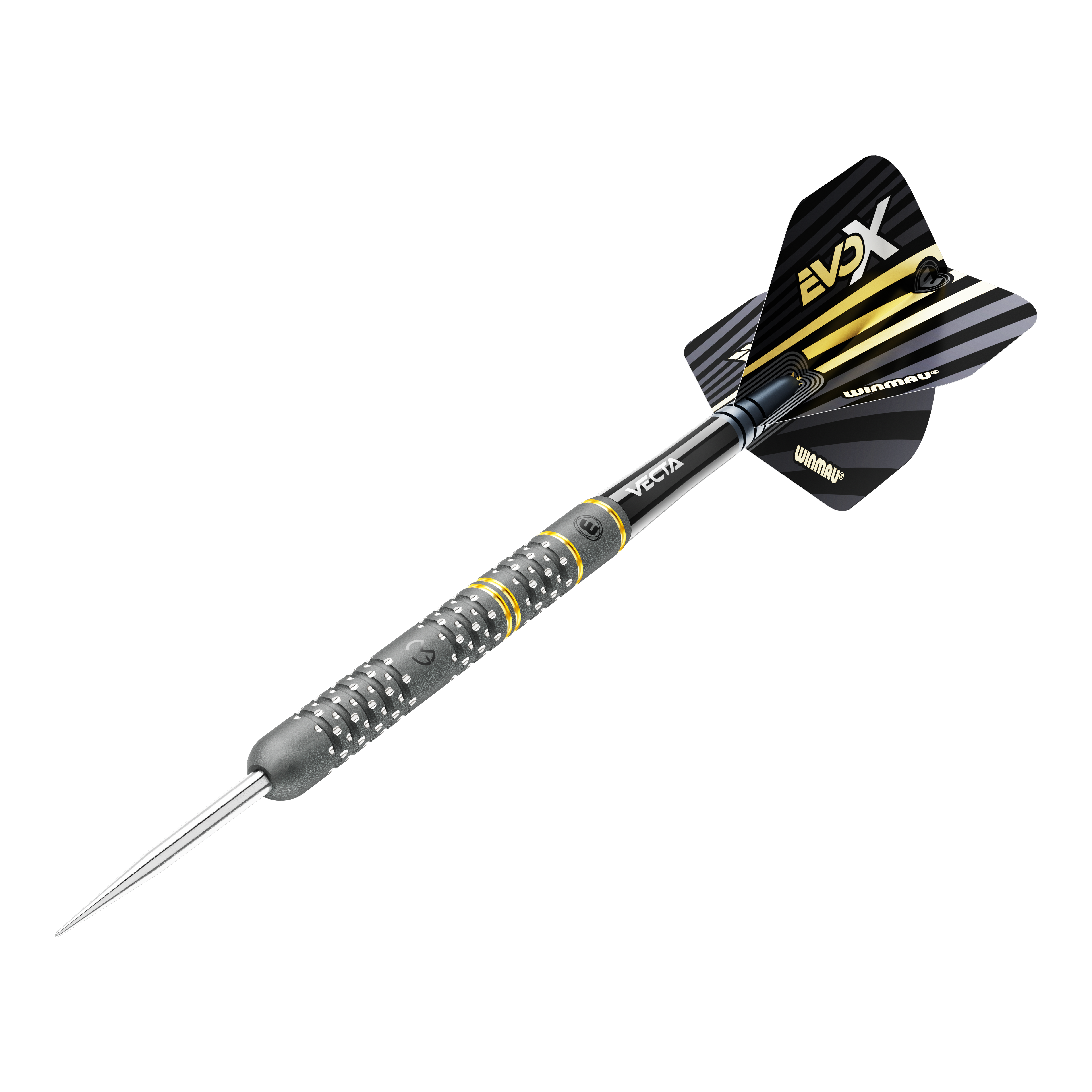 Stalowe rzutki Winmau Michael Van Gerwen Evo-X Das Bild zeigt einen Winmau Michael Van Gerwen Evo-X Steeldart. Der Dart hat ein schwarzes und gelbes Design mit metallischer Spitze und strukturierter Griffzone.