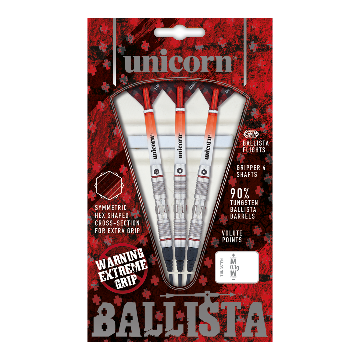 Unicorn Ballista Style 2 miękkie lotki Das Bild zeigt eine Packung „Unicorn Ballista Style 2 Softdarts“. In der Packung befinden sich drei Softdarts mit silbernen und orangenen Details.