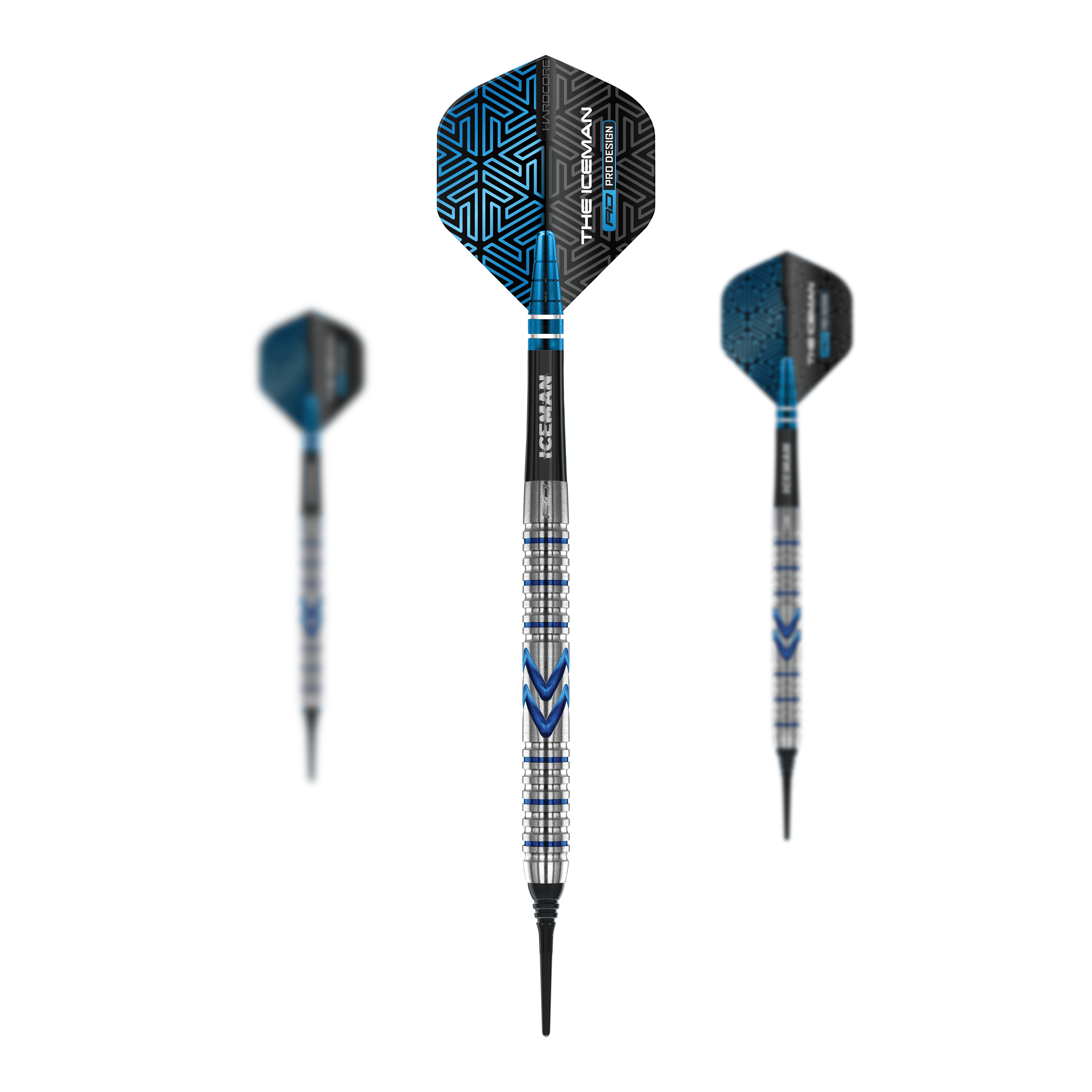 Czerwone lotki do gry Red Dragon Gerwyn Price Iceman Midnight Edition Soft Darts – 20 g Das Bild zeigt drei Softdarts des Modells "Red Dragon Gerwyn Price Iceman Midnight Edition" mit 20g Gewicht. Die Darts sind silber, blau und schwarz und haben ein auffälliges, modernes Design.