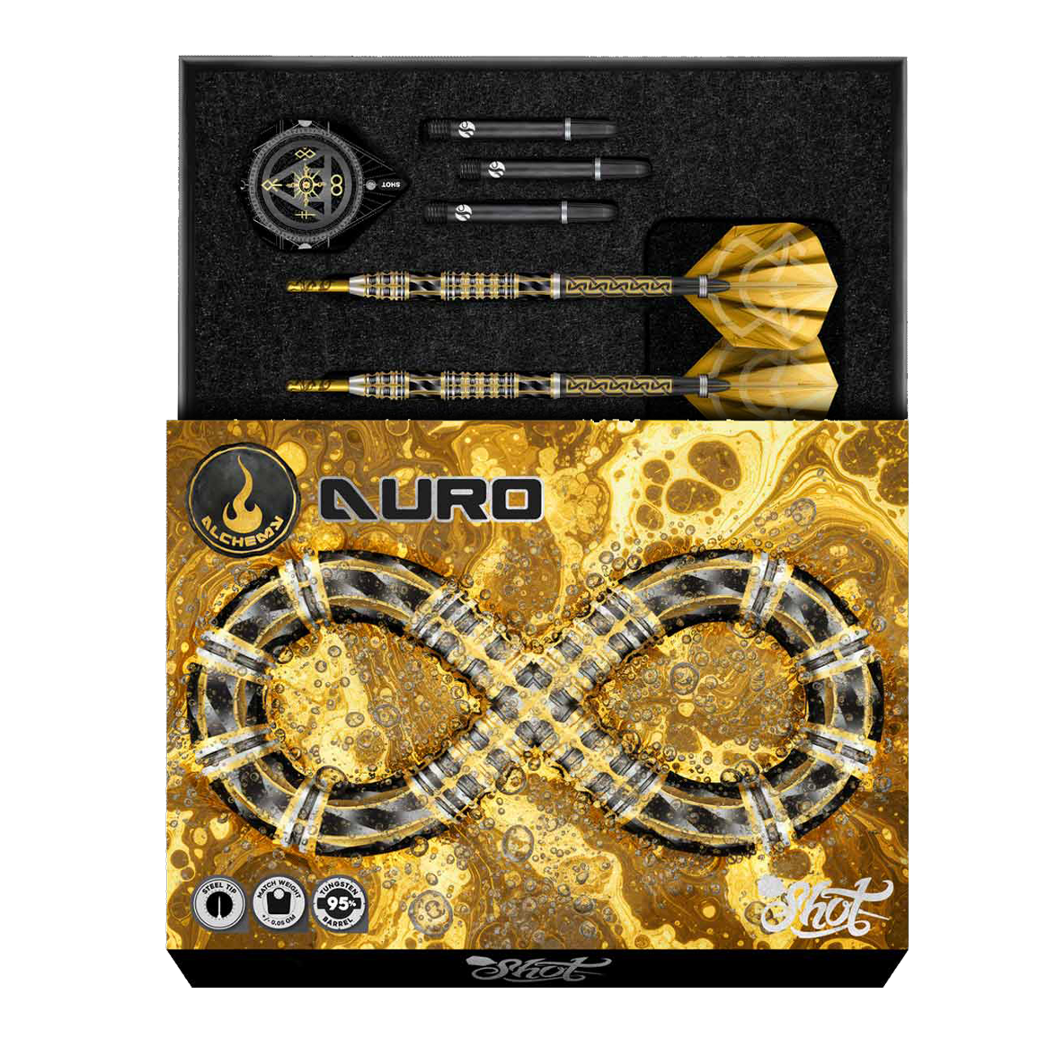 Shoty Alchemy Auro Softdarts - 20g Hier sieht man die Shot Alchemy Auro Softdarts mit 20g Gewicht. Es handelt sich um hochwertige Softdarts für präzises Spielen.