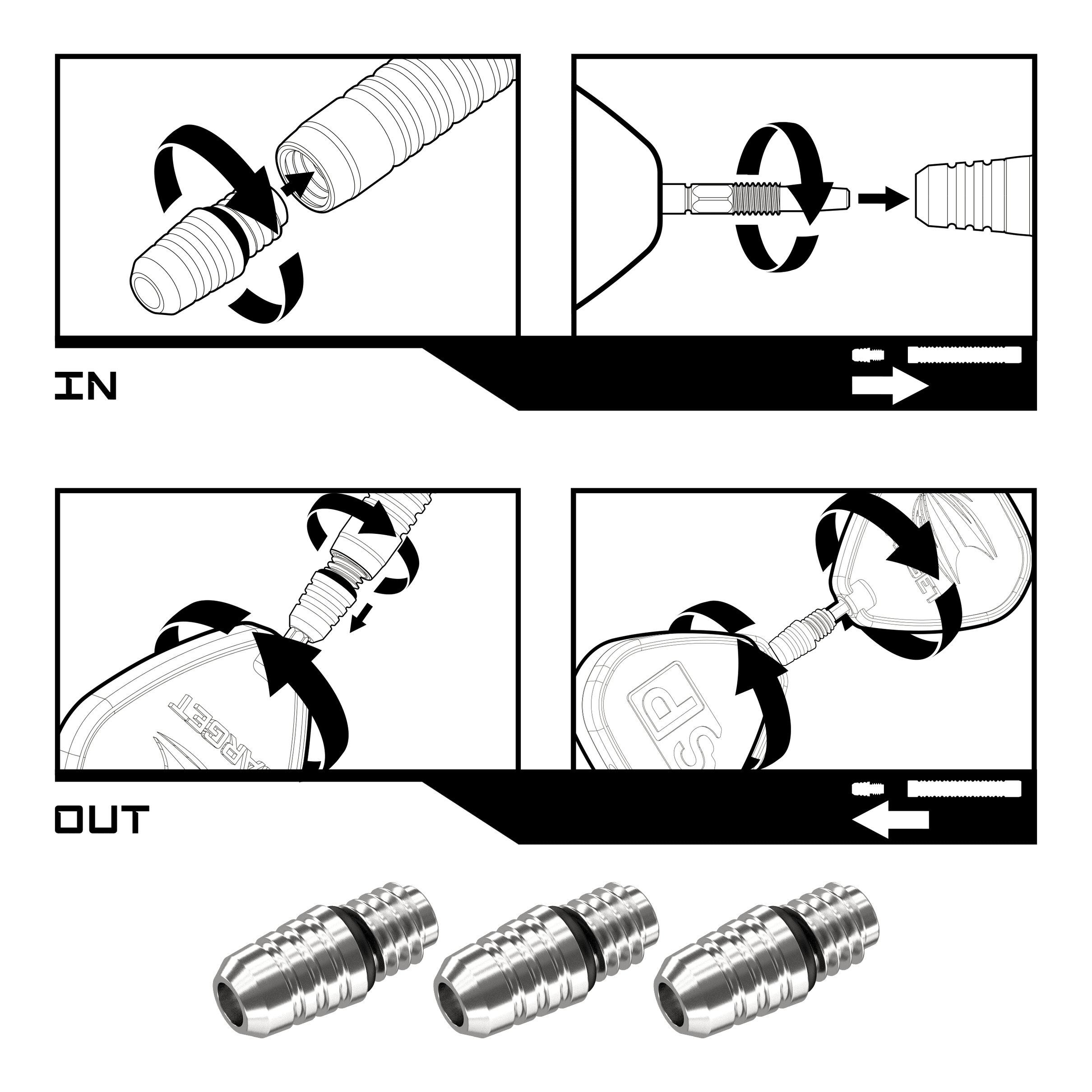 Target Swiss Point 2BA Converter - Silber Das Bild zeigt eine Anleitung zur Verwendung des Target Swiss Point 2BA Converter in Silber. Es erklärt Schritt für Schritt, wie man den Converter ein- und ausbaut.