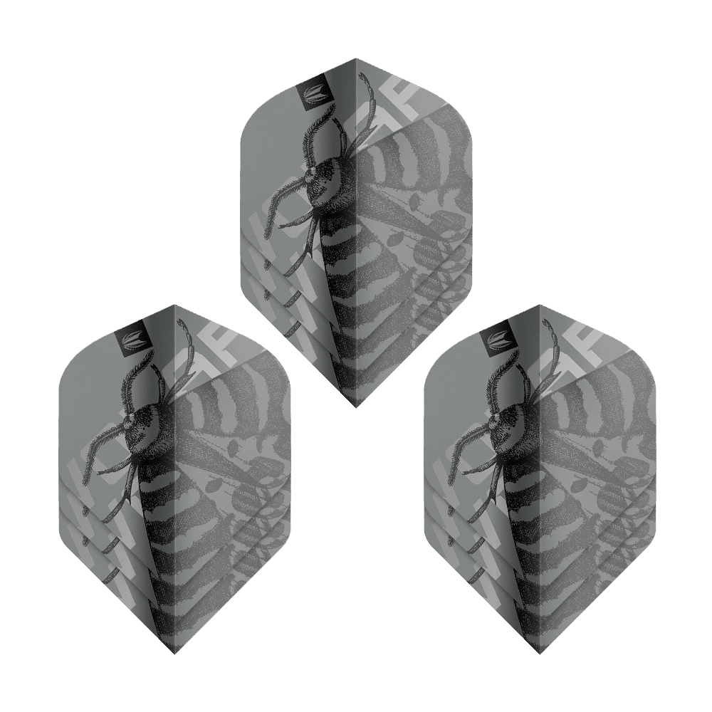 Target Pro Ultra Volar No2 Standard Flights - 3 serie Das Bild zeigt drei Sets Target Pro Ultra Volar No2 Standard Flights. Auf den Flights ist ein grafisches Insektenmotiv in Schwarz-Weiß zu sehen.