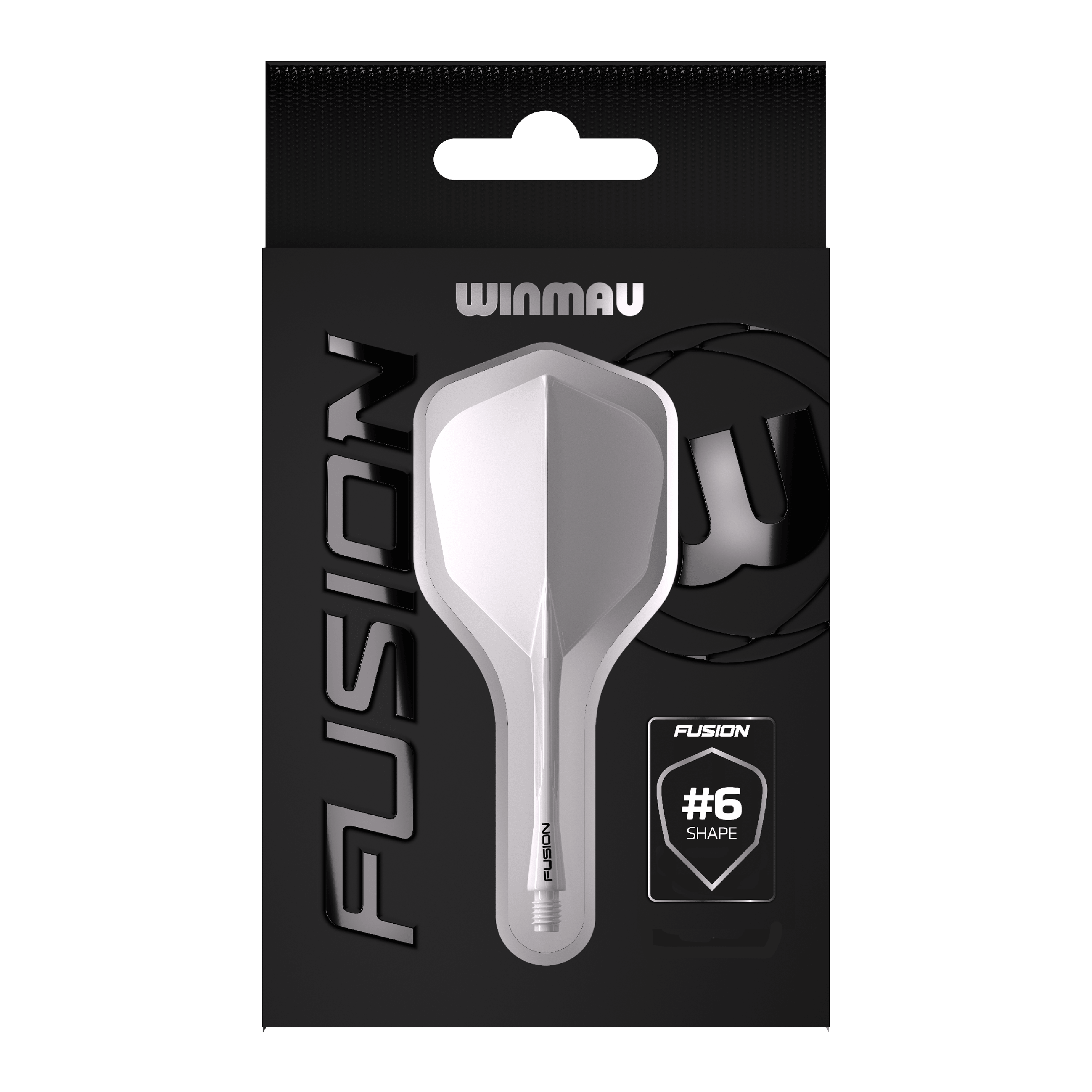 Winmau Fusion Flight Shaft System No6 Clear Das Bild zeigt die Verpackung des Produkts "Winmau Fusion Flight-Shaft-System No6 Clear". In der Mitte ist das transparente Flight-Shaft-System im #6-Shape deutlich zu sehen.