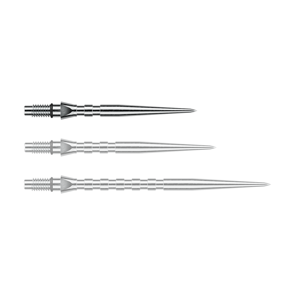 Stalowe groty do lotek Winmau Switch Point Groove – efekt srebrny Abgebildet ist eine einzelne silberne Steeldartspitze mit Rillen, vermutlich vom Typ 'Switch Point Groove Silver Effect' und 26mm. Diese Spitze eignet sich für Steeldarts.
