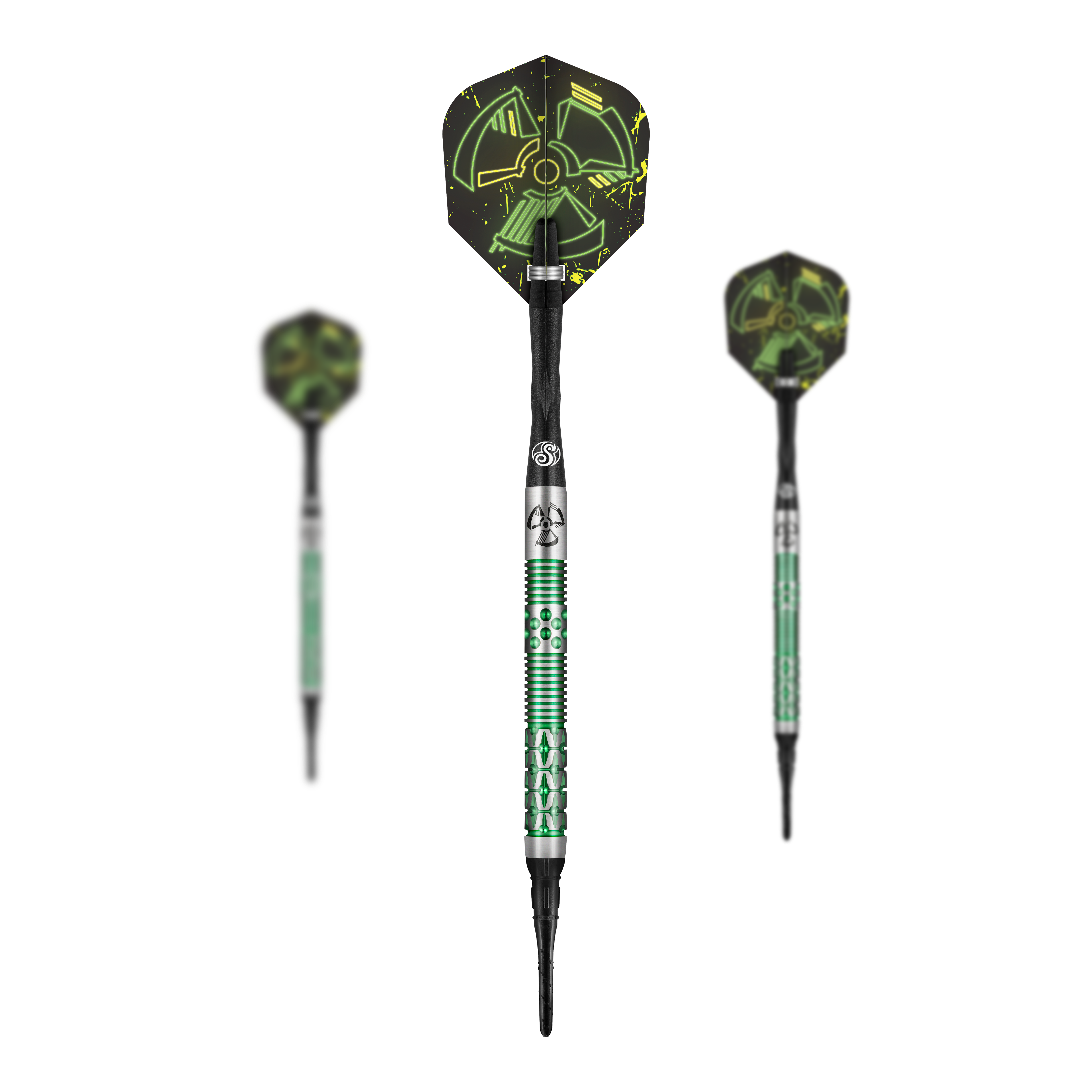 Shot Pro-Series Stowe Buntz 2 miękkie lotki - 21g Das Bild zeigt drei Softdarts des Modells "Shot Pro-Series Stowe Buntz 2" mit einem Gewicht von 21 Gramm. Die Darts haben grüne Akzente und ein auffälliges Flügel-Design mit leuchtenden Symbolen.