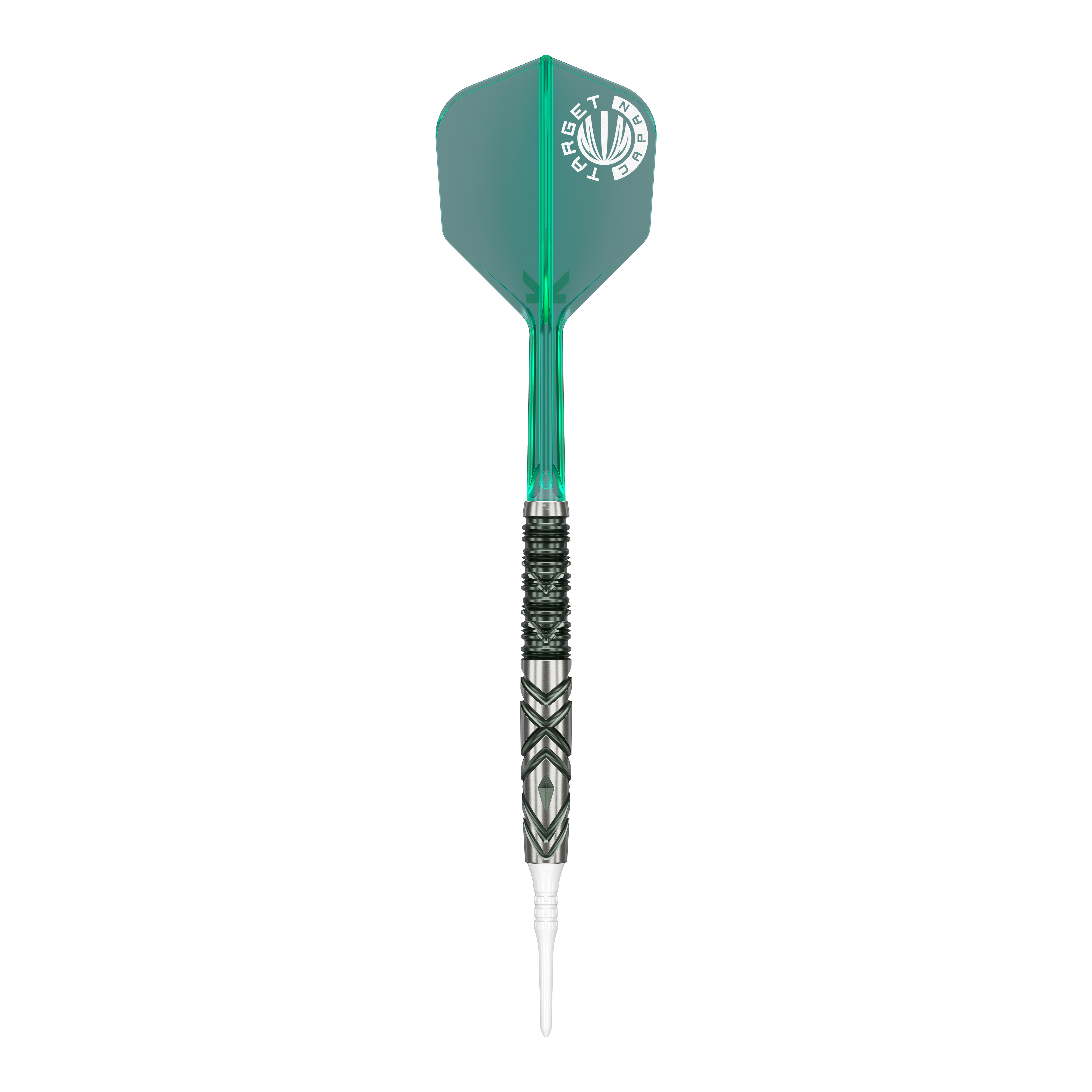 Das Bild zeigt einen Softdart aus der Produktreihe "Target Japan Mikuru Suzuki The Miracle GEN6" mit einem Gewicht von 21,5g. Der Dart hat eine grüne Flights und ein silbernes, schwarz gemustertes Barrel.