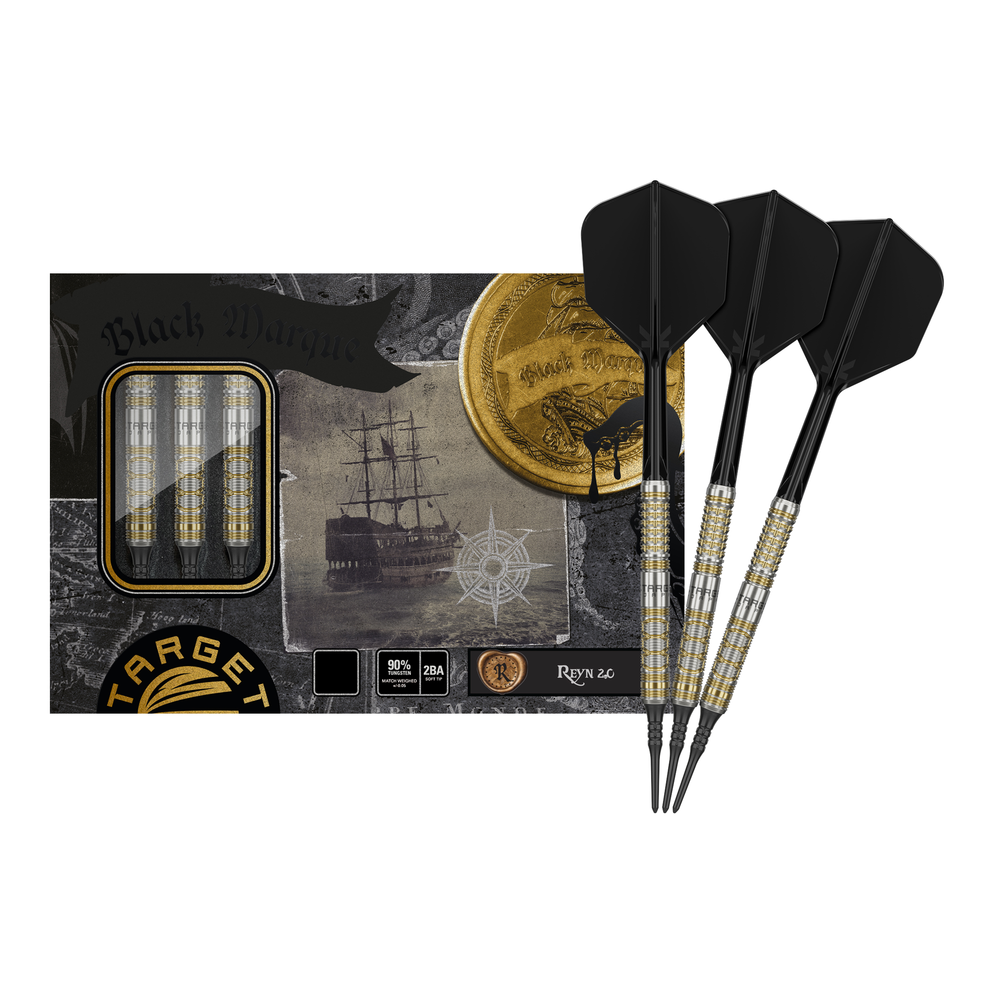 Das Bild zeigt das Produkt "Target Japan Black Marque Reyn GEN2 Softdarts - 17,5g" mit drei eleganten, schwarz-goldenen Softdarts vor der Verpackung. Auf der Verpackung ist zudem ein Schiff sowie eine goldene Münze abgebildet.