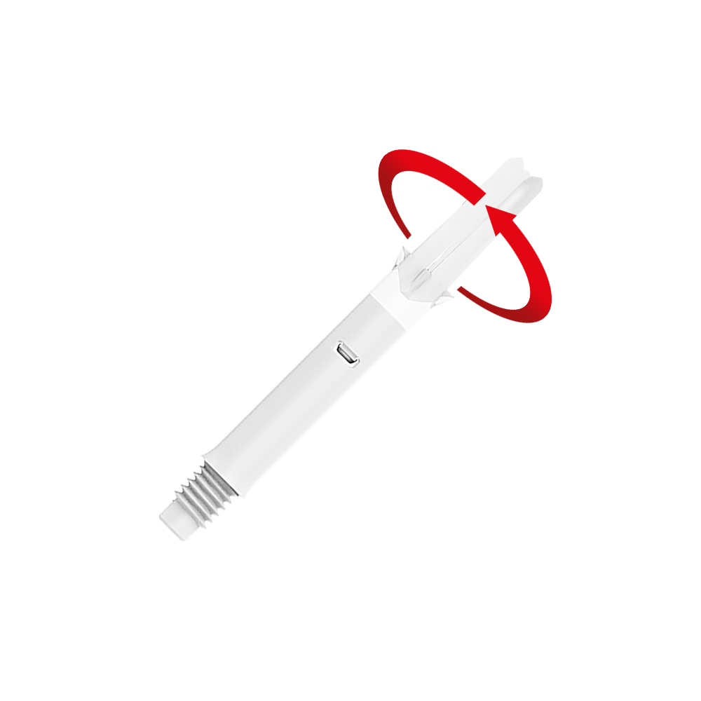 Das Bild zeigt einen weißen Dart-Schaft mit einer roten, rotierenden Bewegung um das obere Ende. Der Schaft ist gerade und ohne Kappen dargestellt.