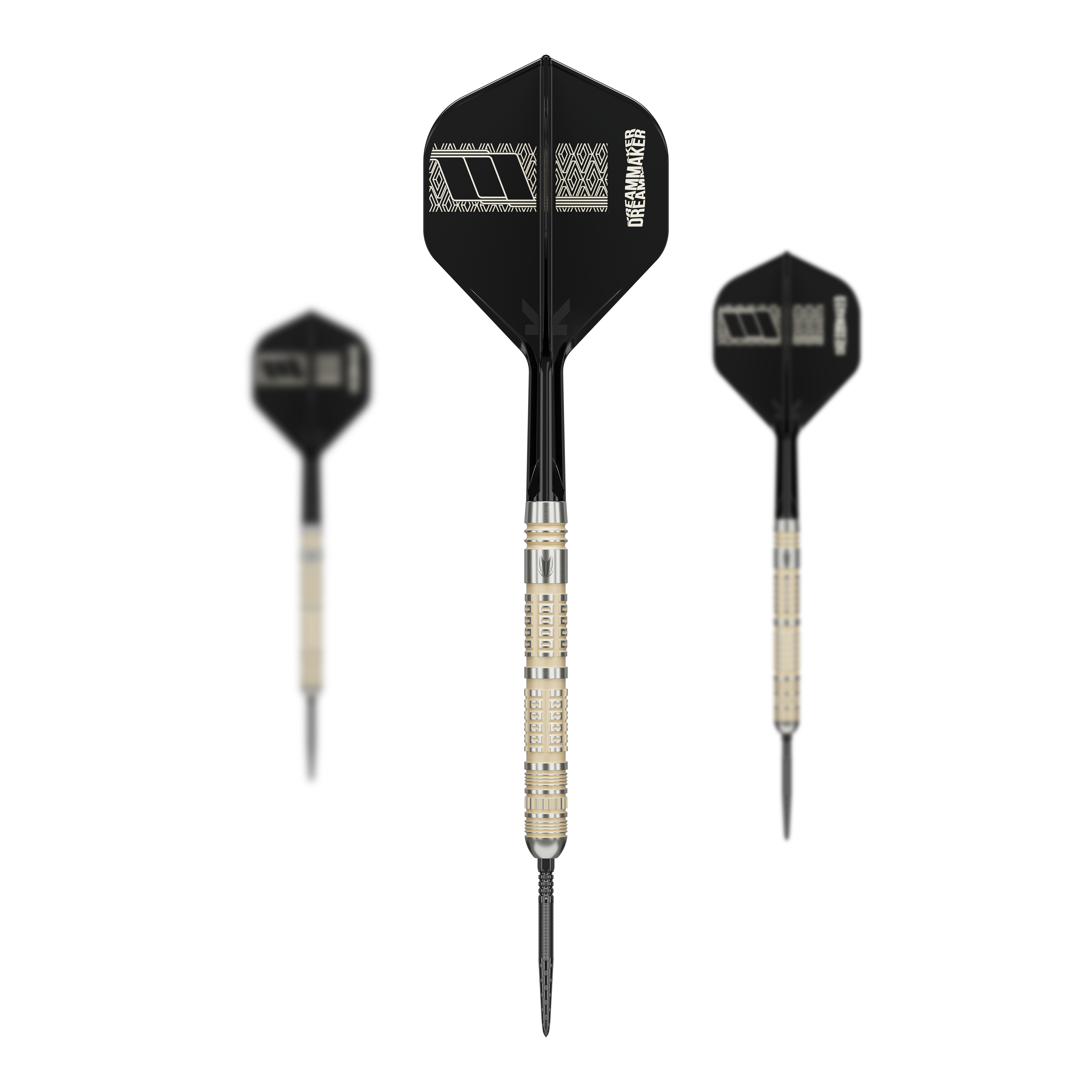 Gezeigt werden die Target Dimitri Van Den Bergh 95K Swiss Point Steeldarts als Set. Auf dem Bild sind mehrere Steeldarts zusammen dargestellt.