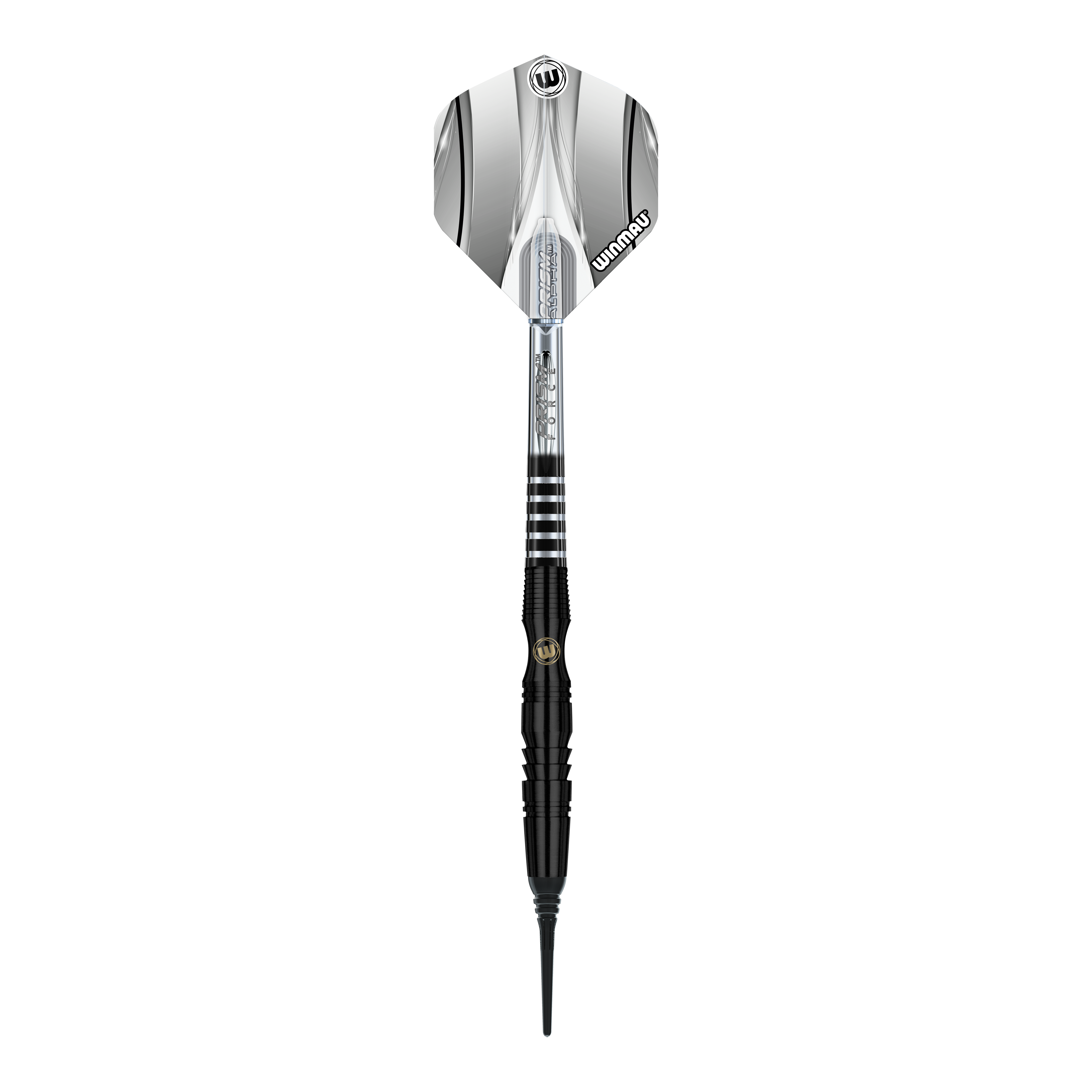 Miękkie lotki Winmau Sniper Black - 20g Das Bild zeigt einen Winmau Sniper Black Softdart mit einem Gewicht von 20 Gramm. Der Dart ist überwiegend schwarz mit silbernen Akzenten und besitzt eine schwarze Softspitze.
