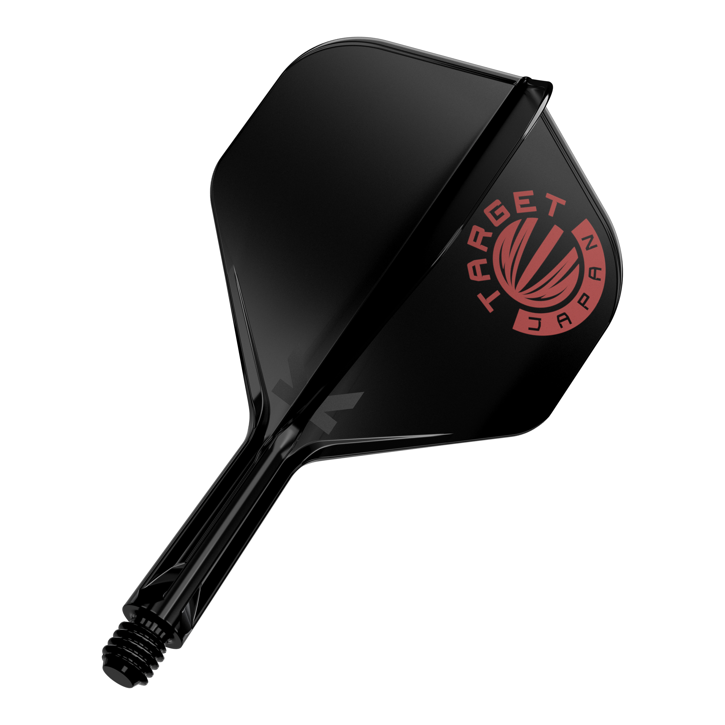 Das Bild zeigt eine schwarze Dartflügel mit einem roten "TARGET JAPAN" Logo darauf. Der Schaft ist ebenfalls schwarz und hat ein Schraubgewinde am Ende.