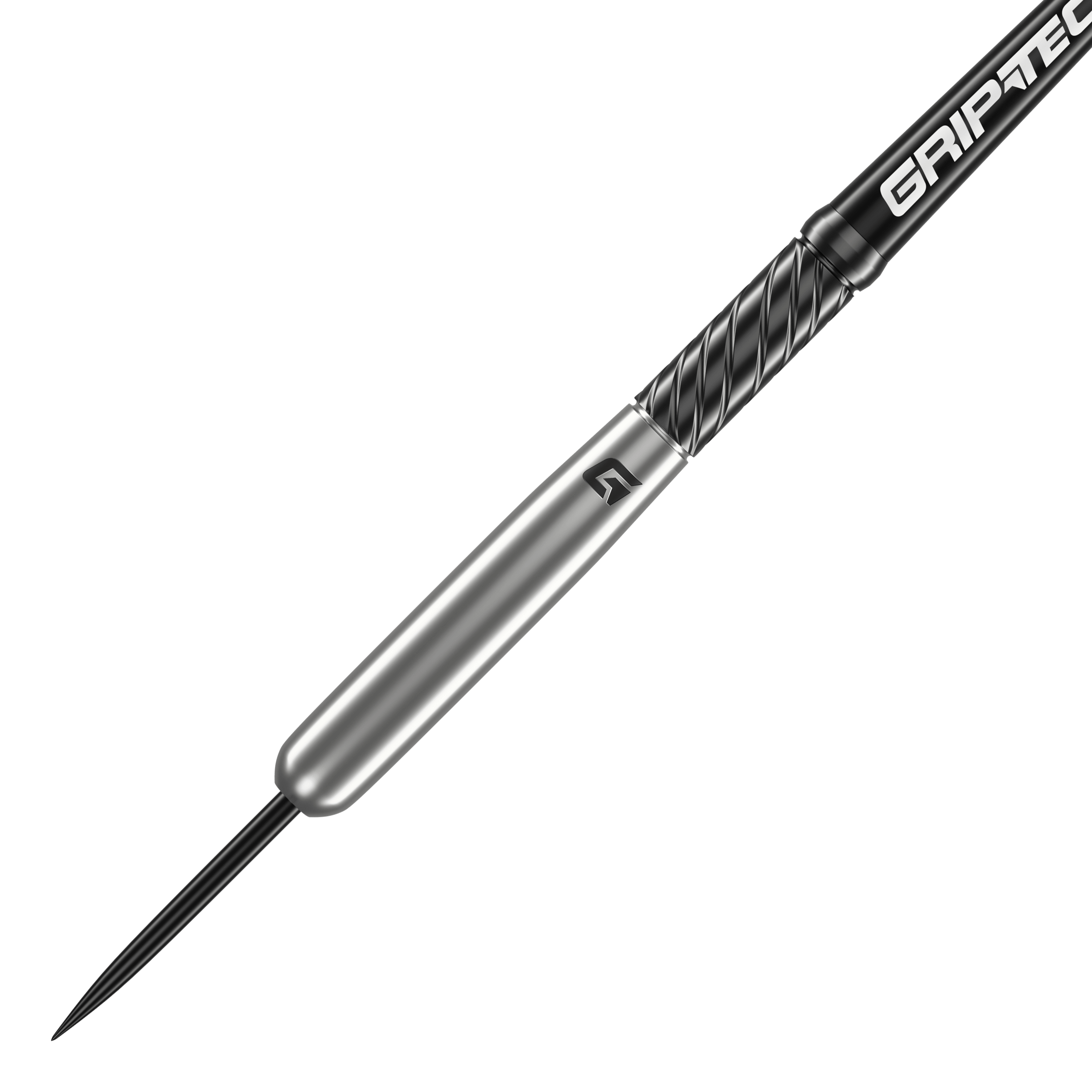 Lotki baseballowe GOAT Homerun ze stali wolframowej Das Bild zeigt den GOAT Homerun Baseball Tungsten Steeldart. Der Dartpfeil hat ein schlankes, silbernes Design mit schwarzem Griffbereich und der Aufschrift "GRIPTEC".