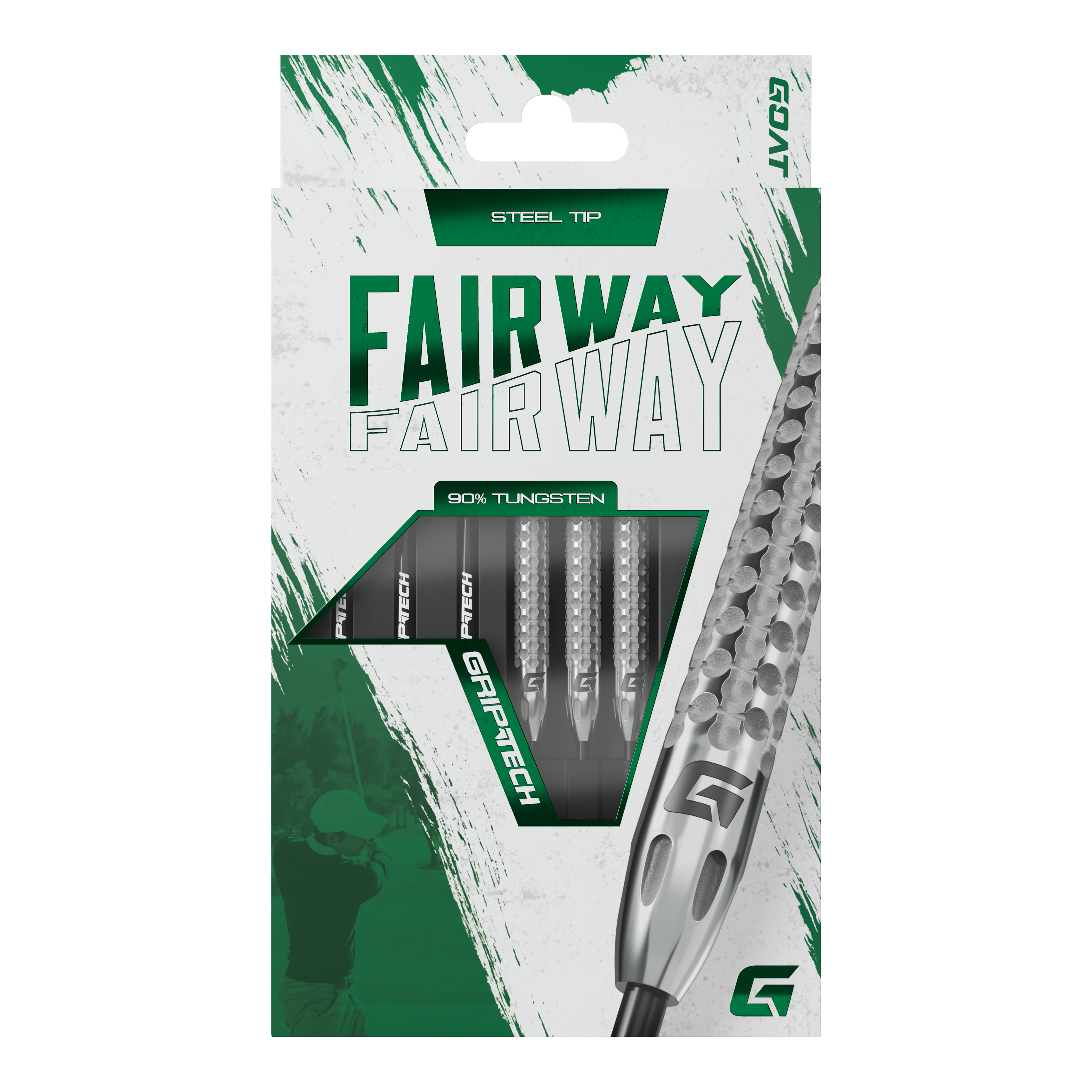 Lotki GOAT Fairway V2 ze stali wolframowej Die Abbildung zeigt die Verpackung der GOAT Fairway V2 Tungsten Steeldarts. Die Darts bestehen zu 90 % aus Tungsten und haben eine Stahspitze.