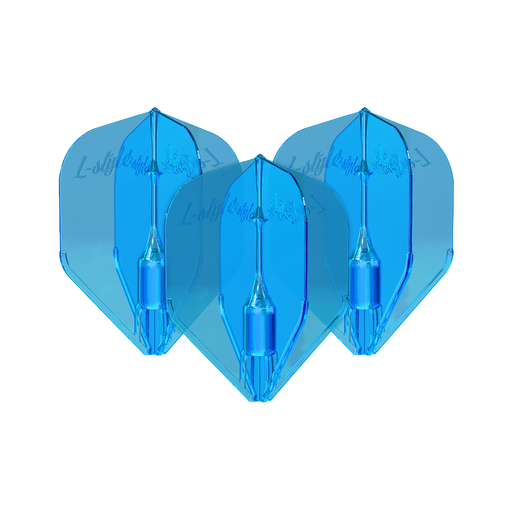 Loty w stylu L Fantom L3EZ w kolorze niebieskim Das Bild zeigt drei blaue L-Style Fantom L3EZ Flights für Dartpfeile. Sie sind nebeneinander angeordnet und haben eine glänzende Oberfläche.