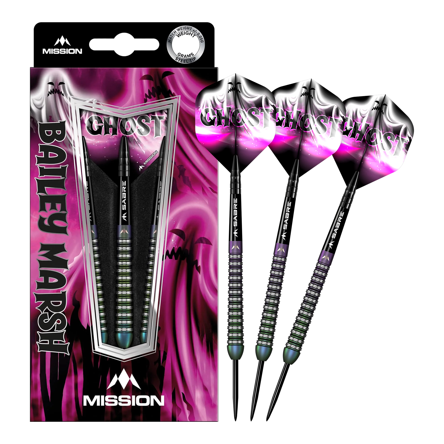 Das Bild zeigt die Mission Bailey Marsh Ghost Steeldarts - 23g in ihrer Verpackung. Neben der Verpackung sind drei Steeldarts mit schwarz-pinken Flights zu sehen.