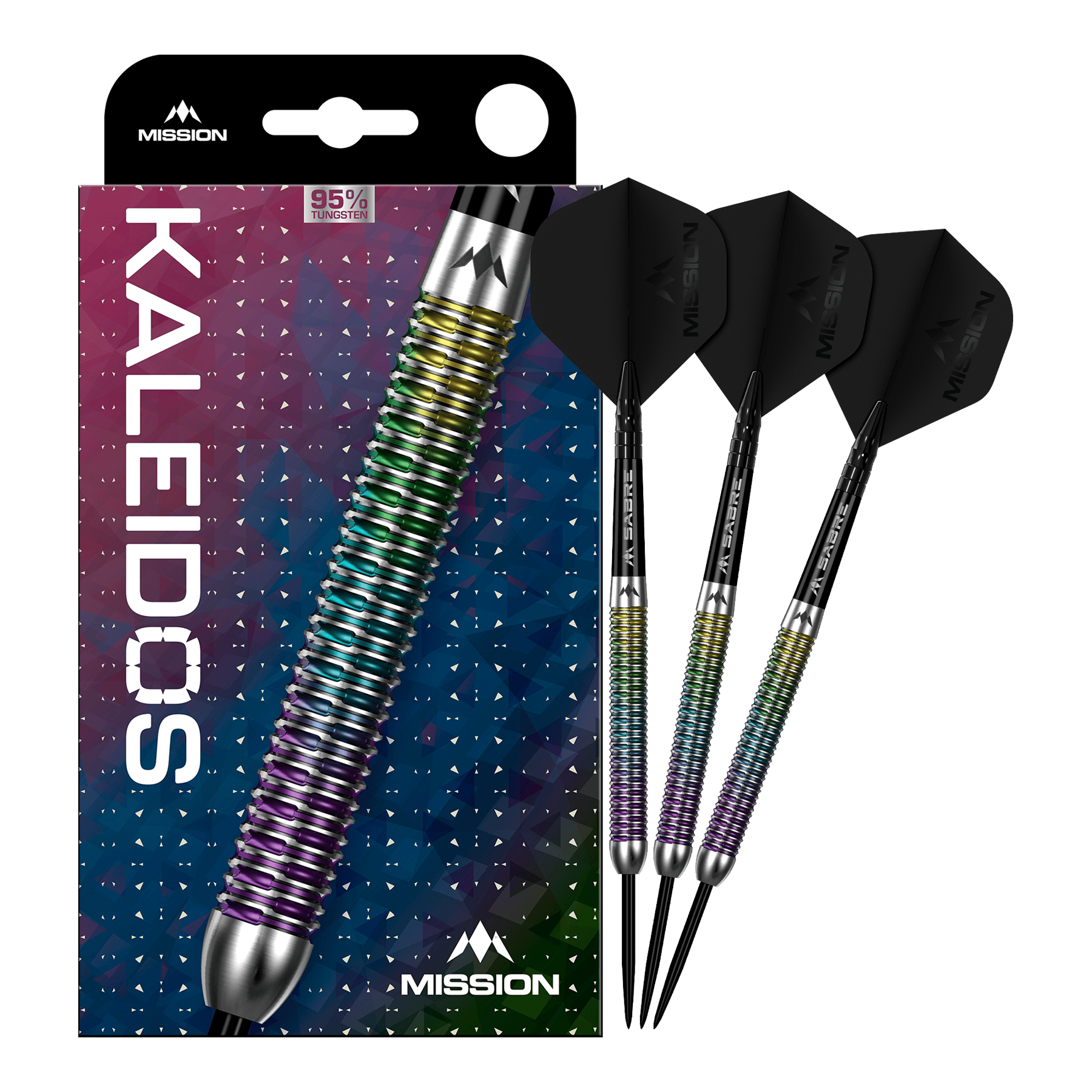 Das Produkt Mission Kaleidos Steeldarts ist vollständig dargestellt. Die Abbildung ermöglicht einen Überblick über das komplette Dart-Set.