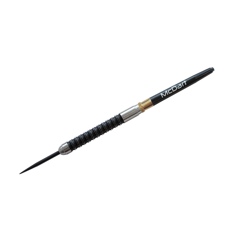 Das Bild zeigt einen schwarzen Dartpfeil mit der Aufschrift "McDart". Es handelt sich um das Produkt "Addagramms Zusatzgewichte", das zur Gewichtsanpassung von Dartpfeilen verwendet wird.