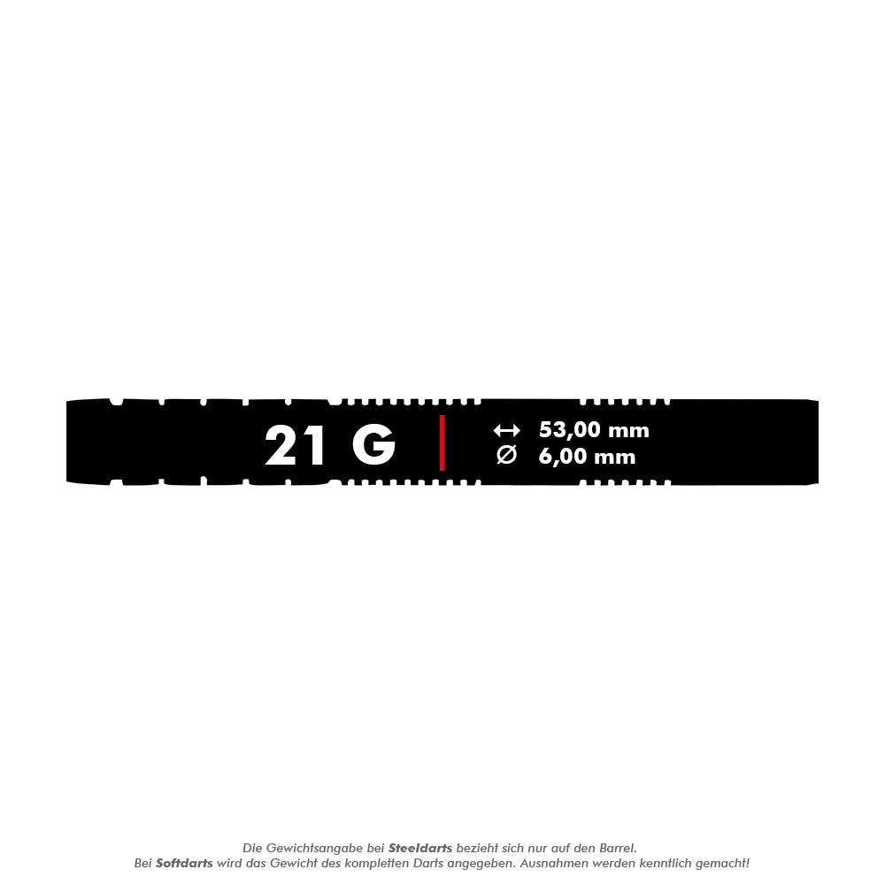Shot Pro-Series Stowe Buntz 2 miękkie lotki - 21g Dieses Bild zeigt die technischen Daten der Shot Pro-Series Stowe Buntz 2 Softdarts mit einem Gewicht von 21 Gramm. Die Darts haben eine Länge von 53,00 mm und einen Durchmesser von 6,00 mm.