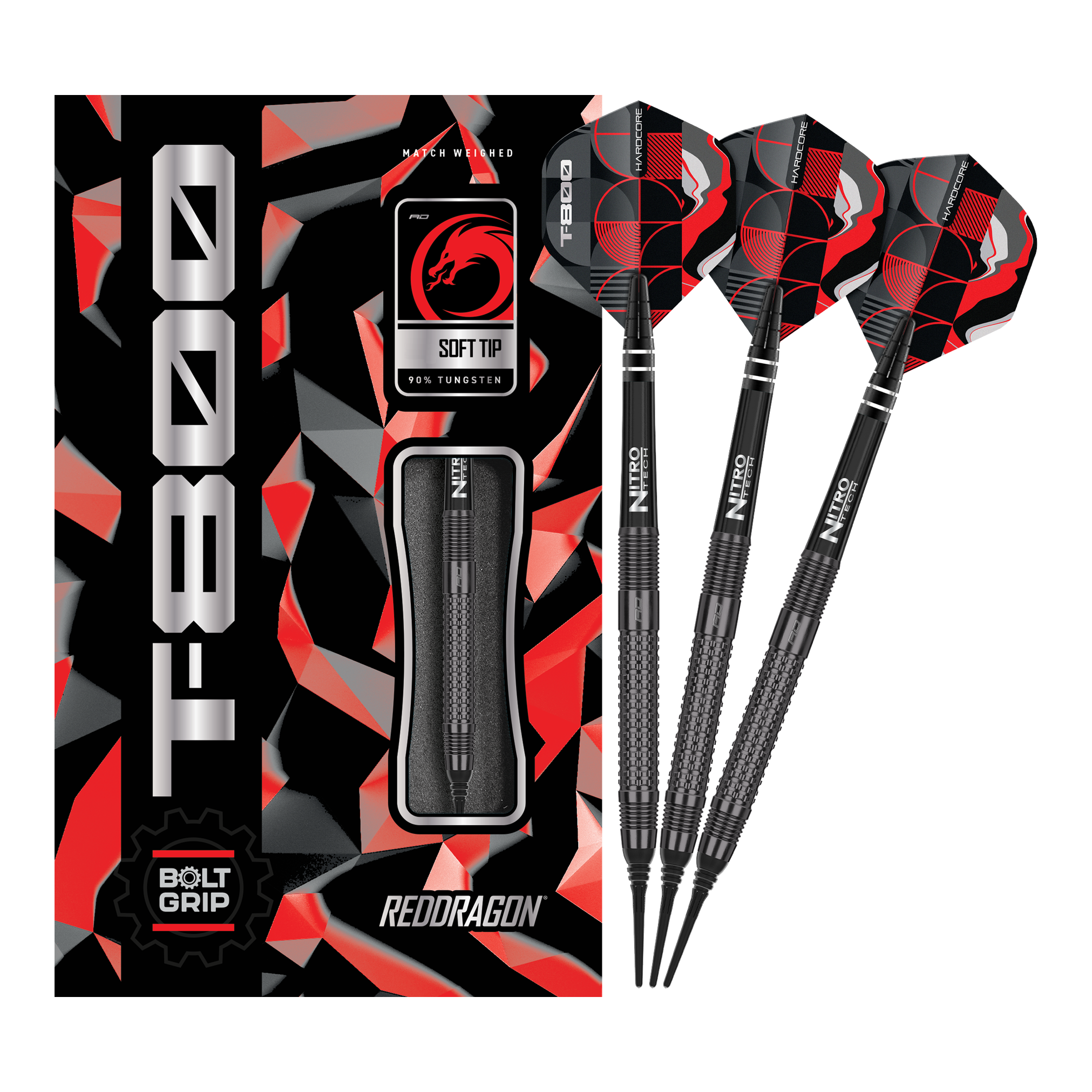 Miękkie lotki Red Dragon T-800 - 20g Das Bild zeigt die Red Dragon T-800 Softdarts mit 20g Gewicht in einer schwarzen und roten Verpackung. Drei schwarze Softdarts mit roten und schwarzen Flights sind neben der Verpackung abgebildet.